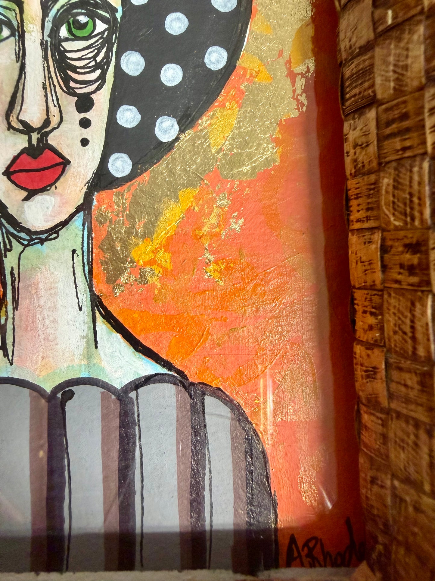 Original,signed painting/mixed media collage portrait on heavyweight archival paper in rattan frame 8x10
