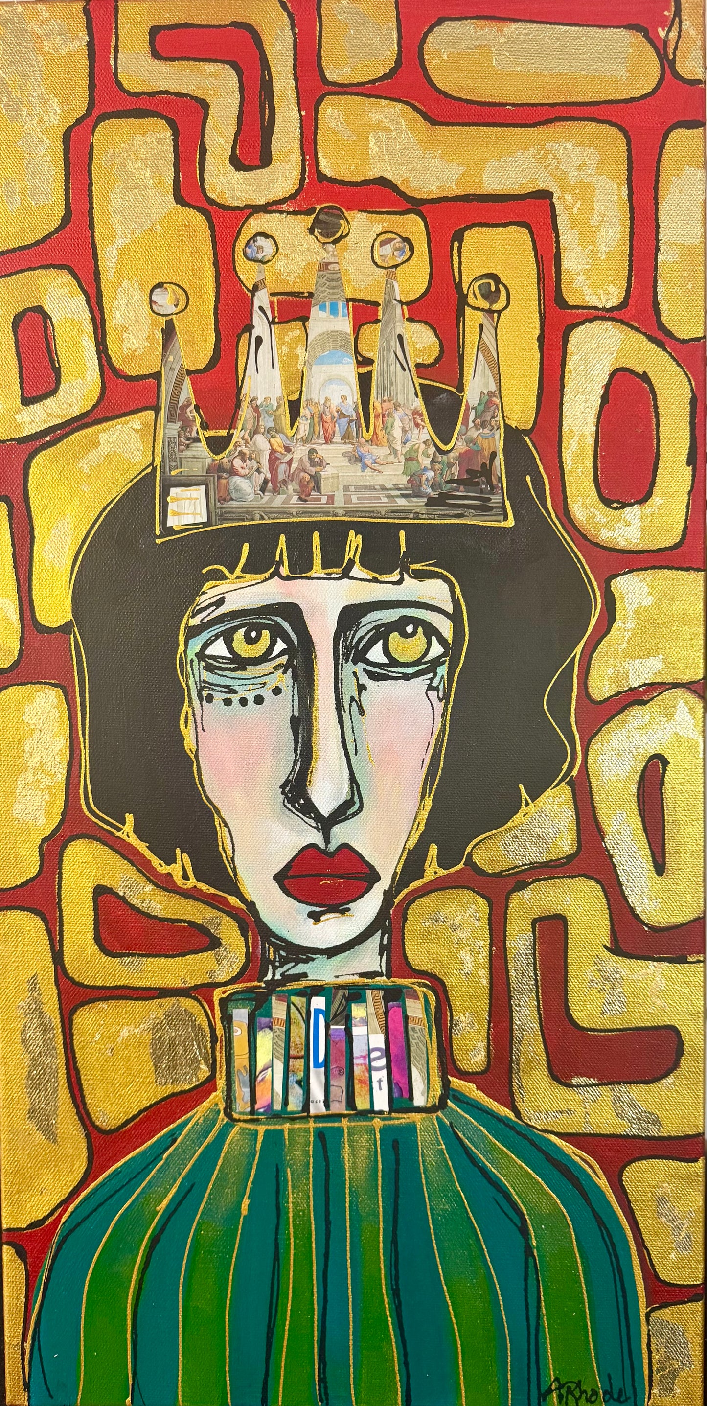 Original, signed painting-12x24” painted edge canvas: Abstract portrait w/ mixed media crown