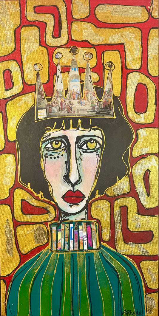 Original, signed painting-12x24” painted edge canvas: Abstract portrait w/ mixed media crown