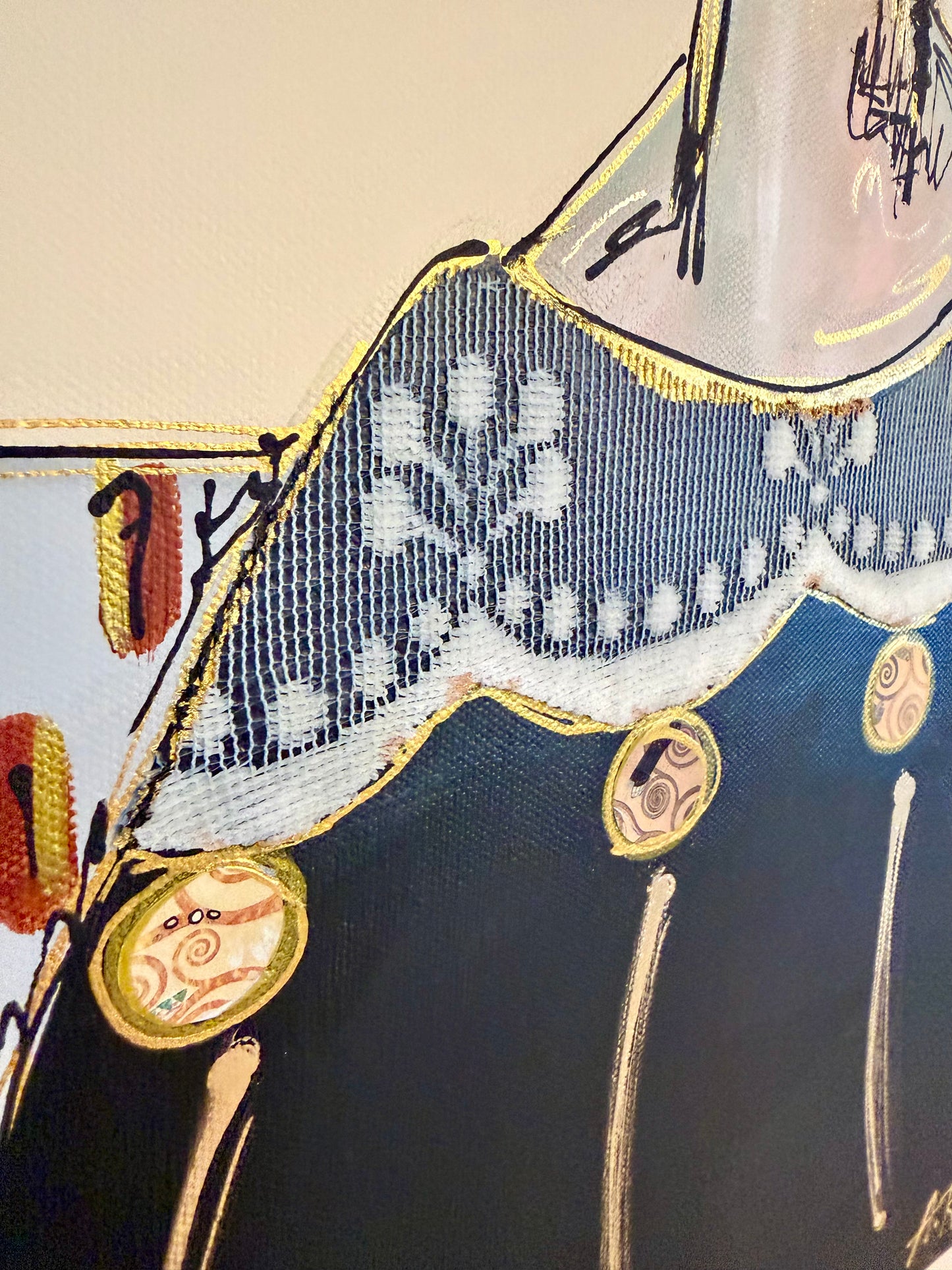 Original, signed painting-15x30”painted, wide edge canvas: Abstract portrait with mixed media collage