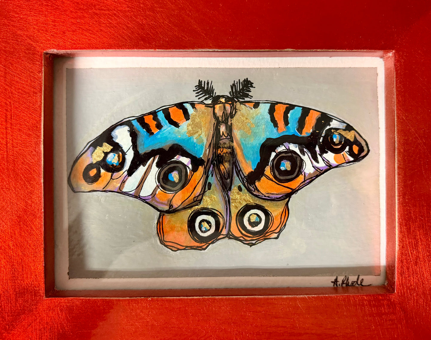 Original,signed painting/mixed media moth on heavyweight archival paper/board in glossy bright copper frame 9.5x11.5”