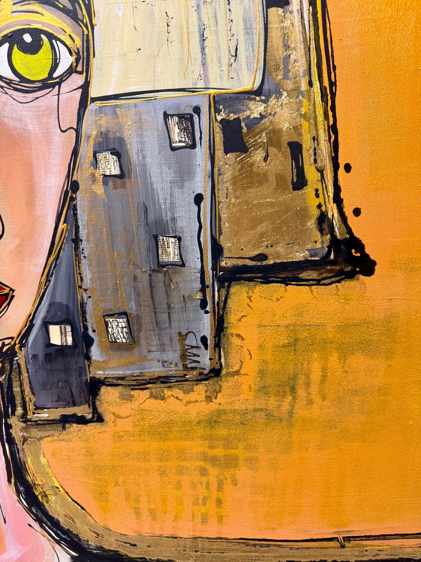 36x48 Original signed painting-wide gallery edge canvas Abstract portrait, acrylic w/mixed media collage & painted edge