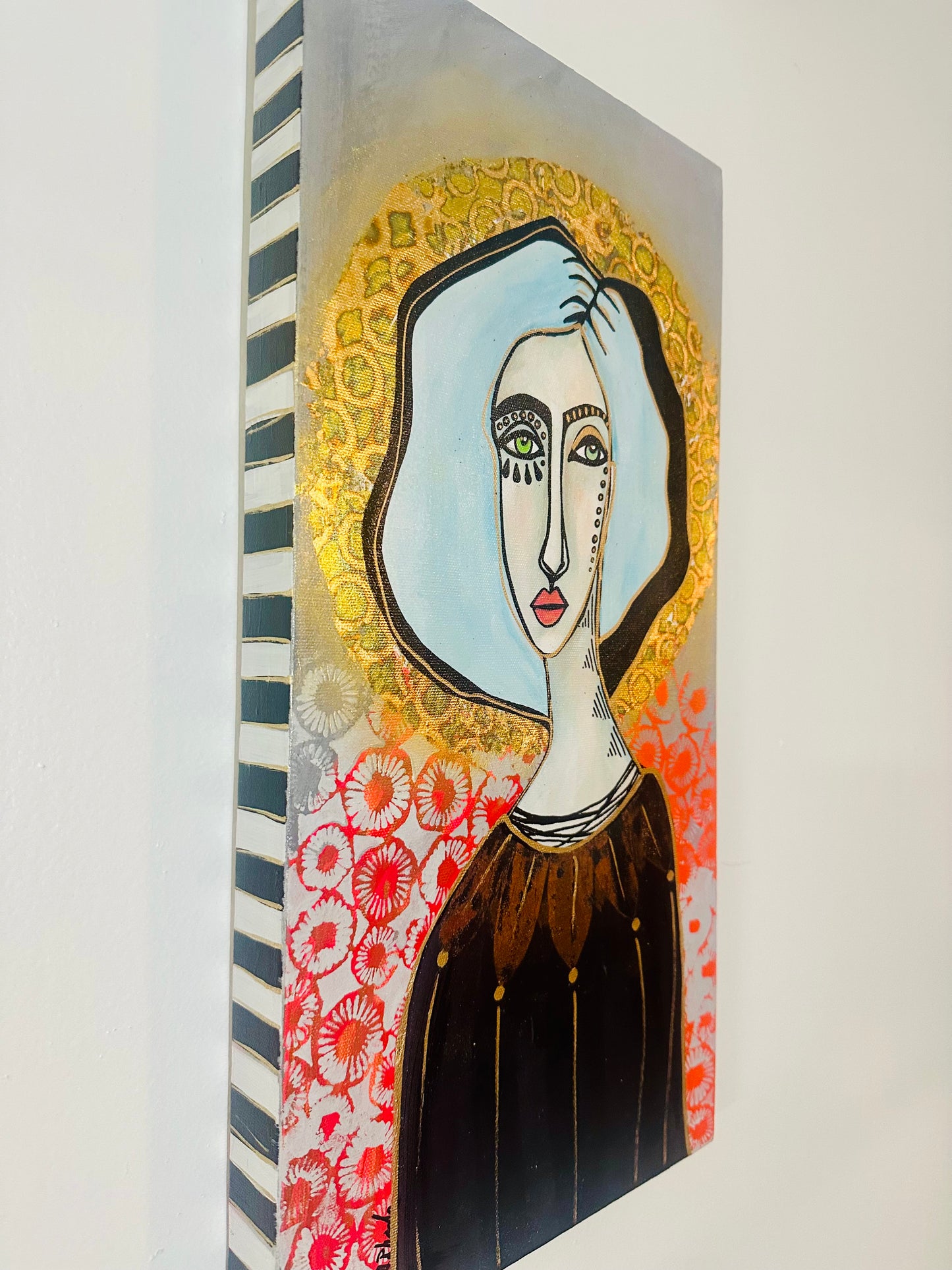 Original, signed painting-10x20” wide pained edge canvas: Abstract portrait w/ mixed media