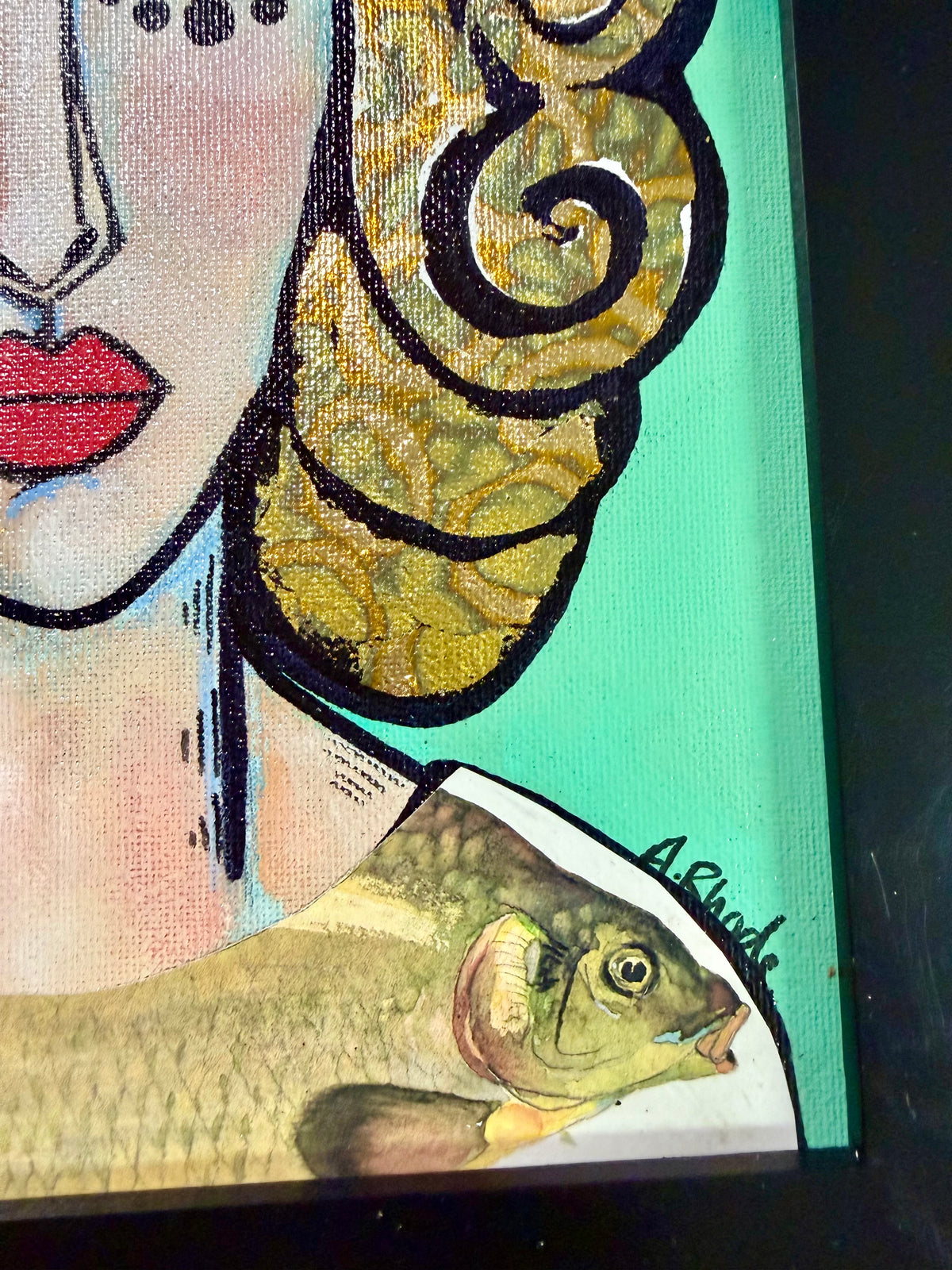 Original,signed painting-mixed media portrait on canvas board in black frame 10x12”