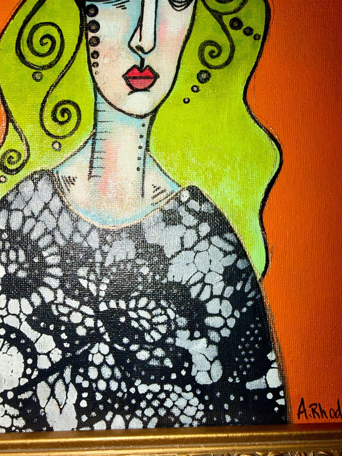 Original,signed mini Witch painting on canvas board in frame 10x15”