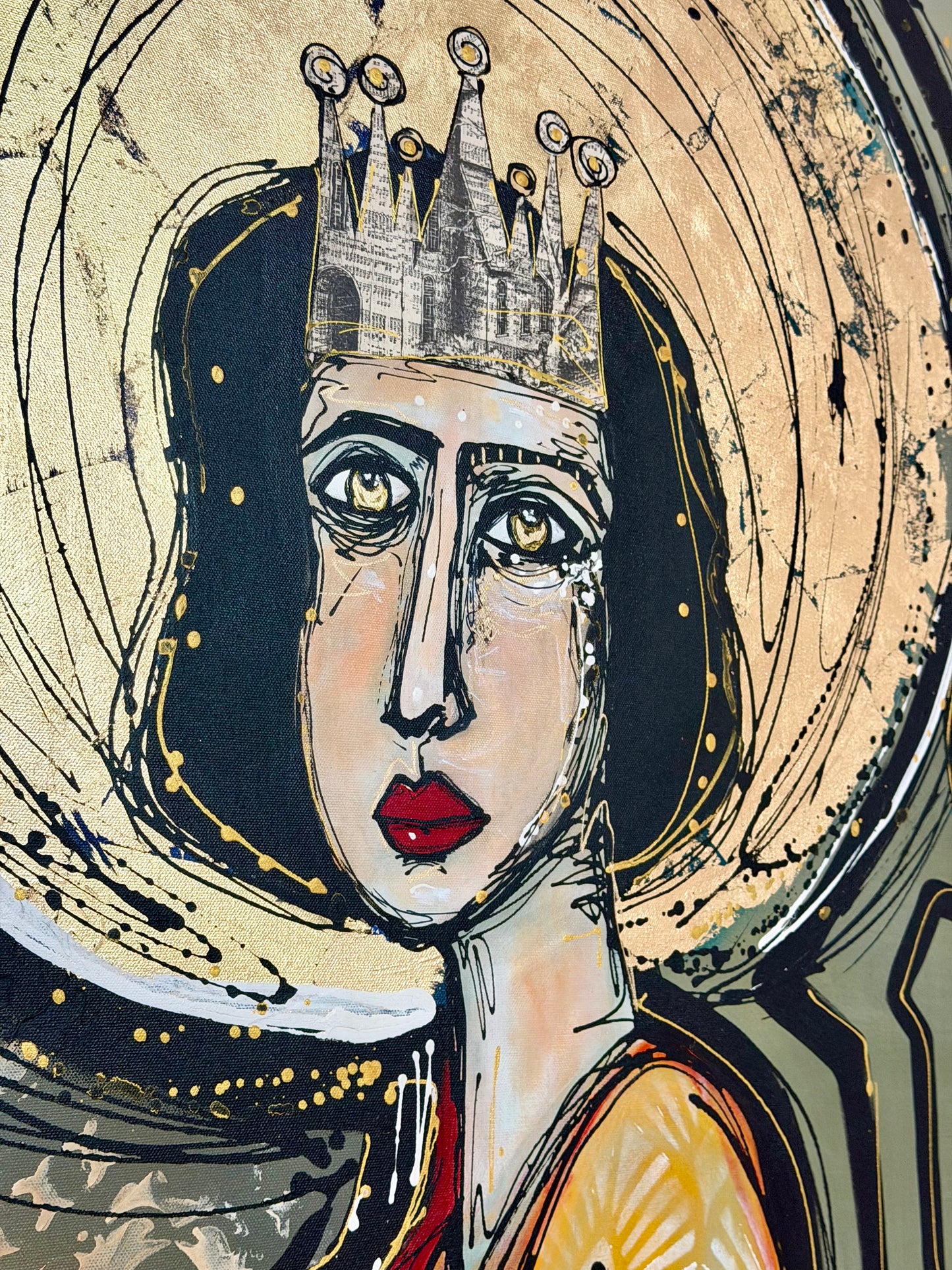 48x60” Original signed painting-wide gallery edge canvas Abstract contour queen portrait w/ mixed media