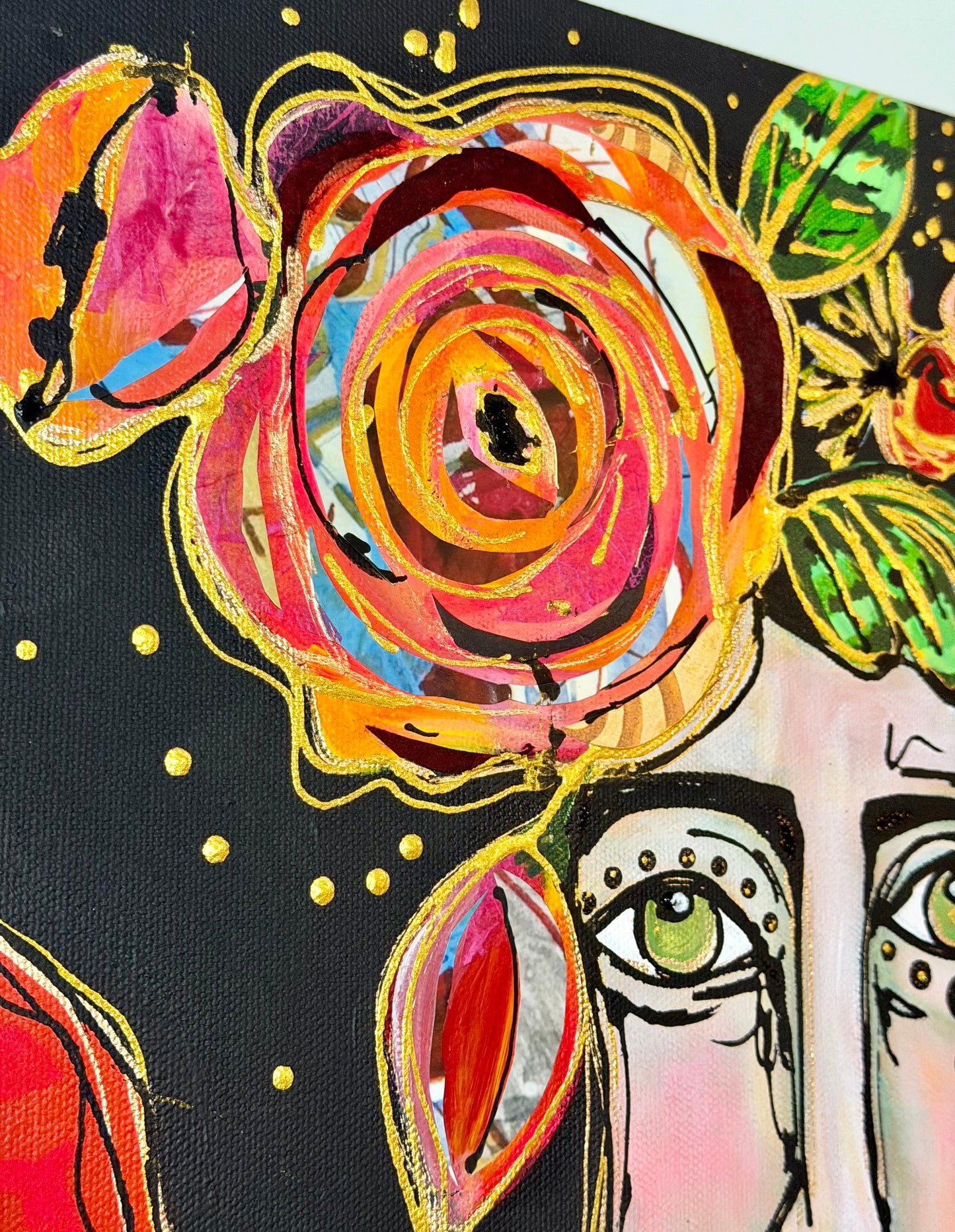 Original, signed painting-20x20”wide edge canvas: Abstract portrait with flowers/mixed media.