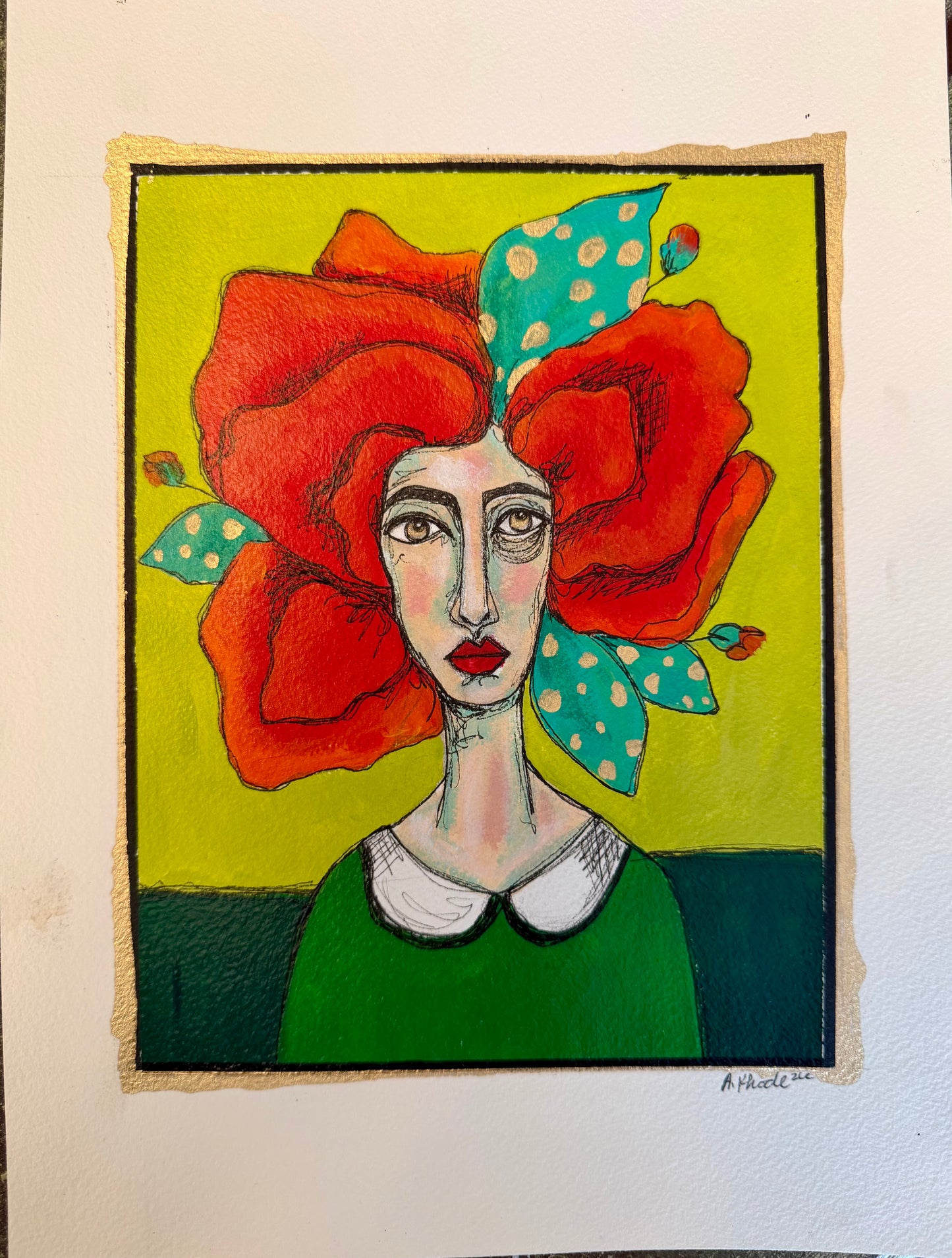 9x12”Original, signed painting on heavyweight archival paper. Abstract portrait-acrylic & ink, unframed.