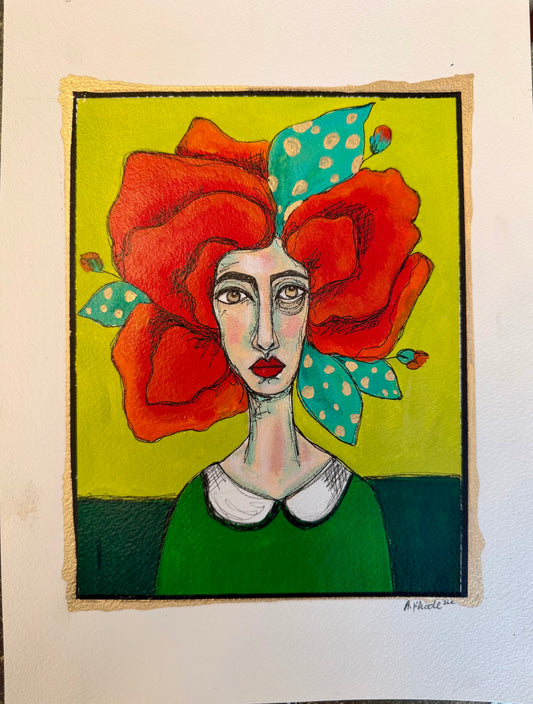9x12”Original, signed painting on heavyweight archival paper. Abstract portrait-acrylic & ink, unframed.