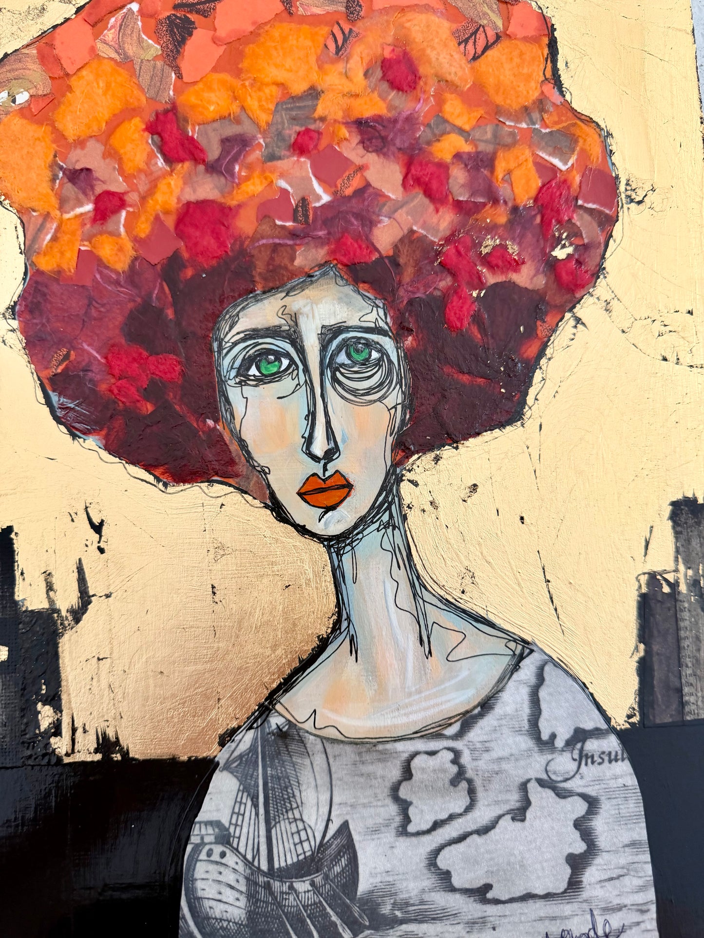 Original, signed mixed media painting/collage on 1in framed wood panel   Abstract portrait w/mixed media -12x12”