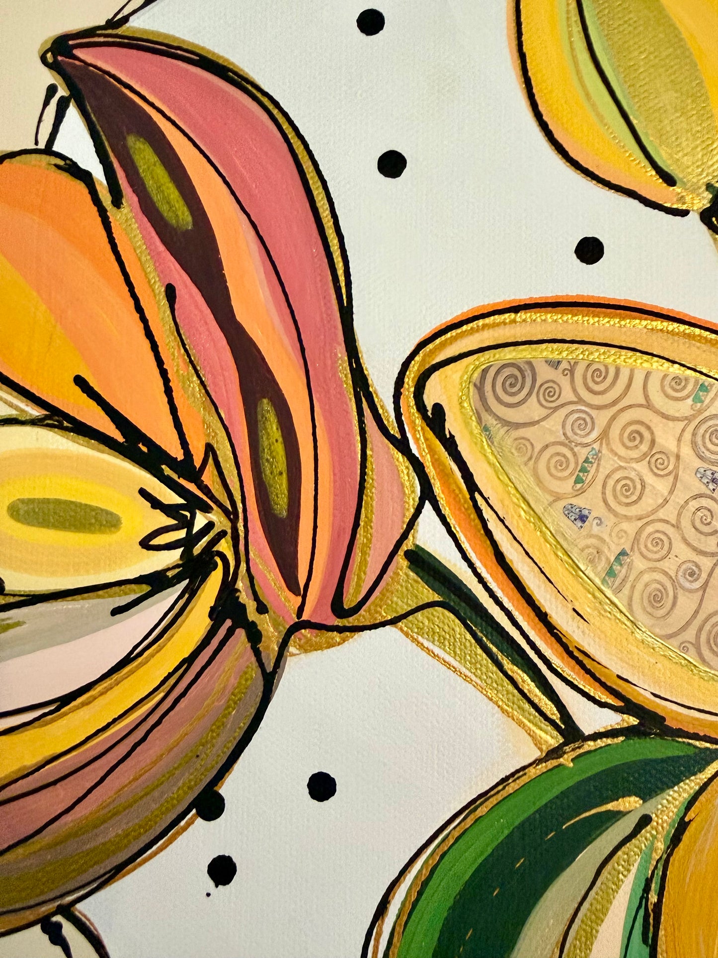 Original, signed painting-15x30”painted, wide edge canvas: Abstract portrait with mixed media collage