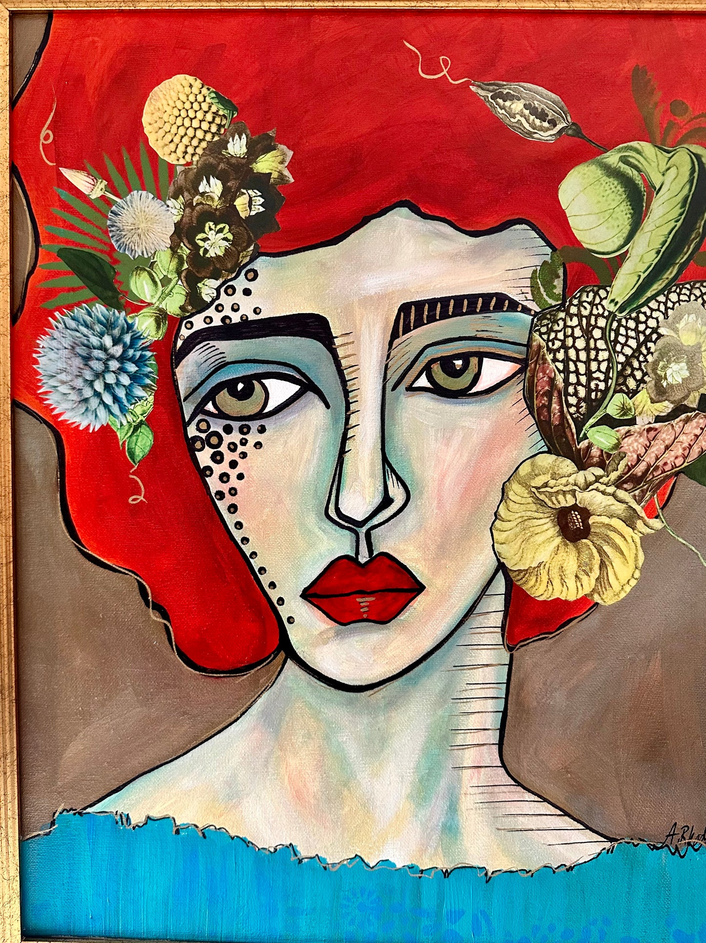 Large Original painting on canvas w/ gold frame  21x25” Abstract Portrait w/ mixed media botanical collage