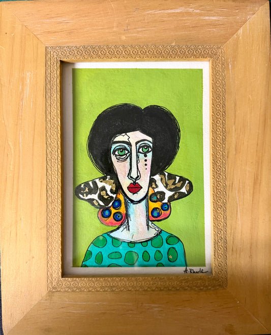 Original,signed painting & mixed media portrait on heavyweight archival paper/board in wood frame 8.5x10.5”