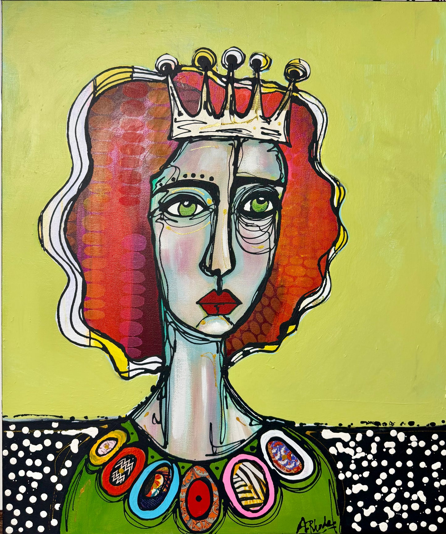 Original, signed painting-20x24”wide edge canvas: Abstract portrait with mixed media and collage edge
