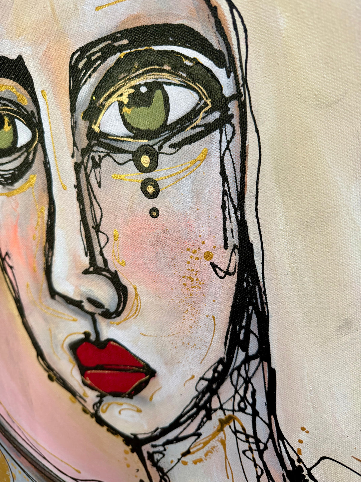 36x48 Original signed painting-wide gallery edge canvas Abstract portrait, acrylic w/mixed media & decorated edge