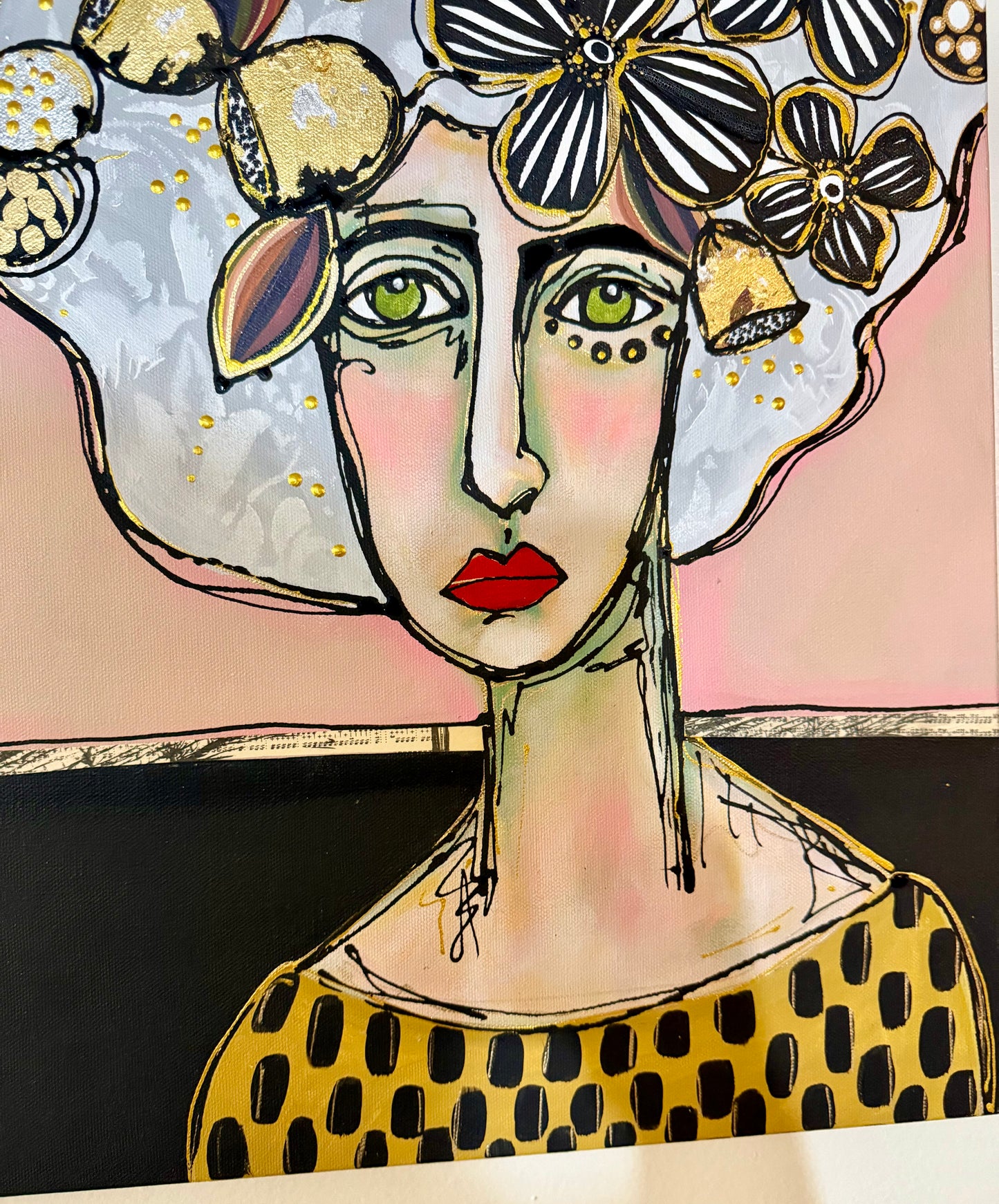 Original, signed painting-20x20”wide edge canvas: Abstract portrait with flowers/mixed media.