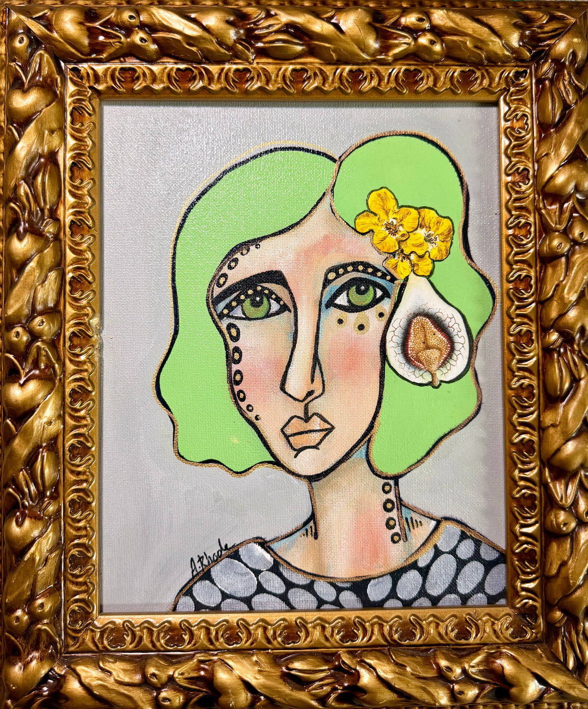 Original,signed painting-mixed media portrait on canvas board in gold frame 12x14”