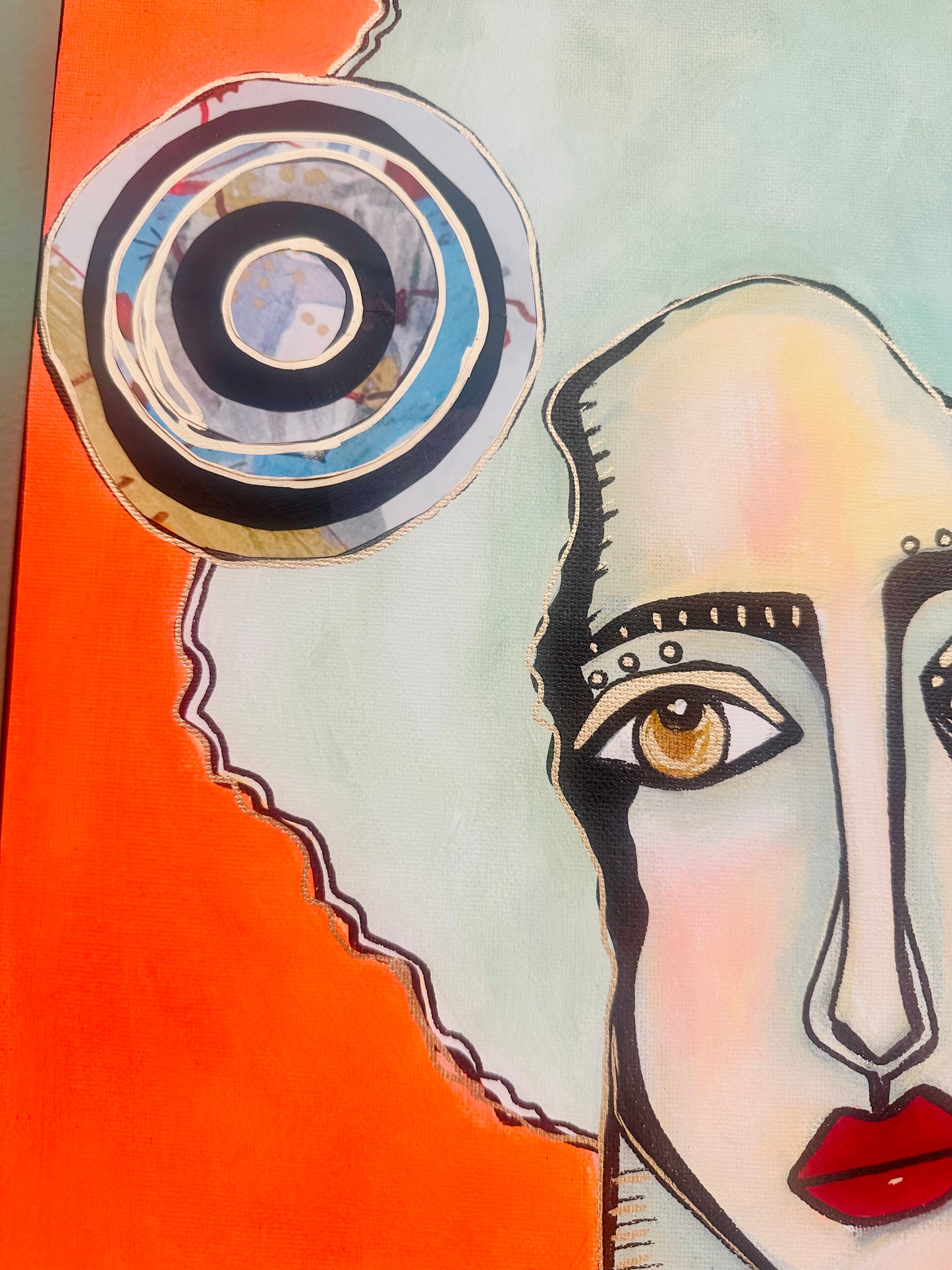 Original, signed painting on painted edge canvas  Abstract portrait w/mixed media 14x18