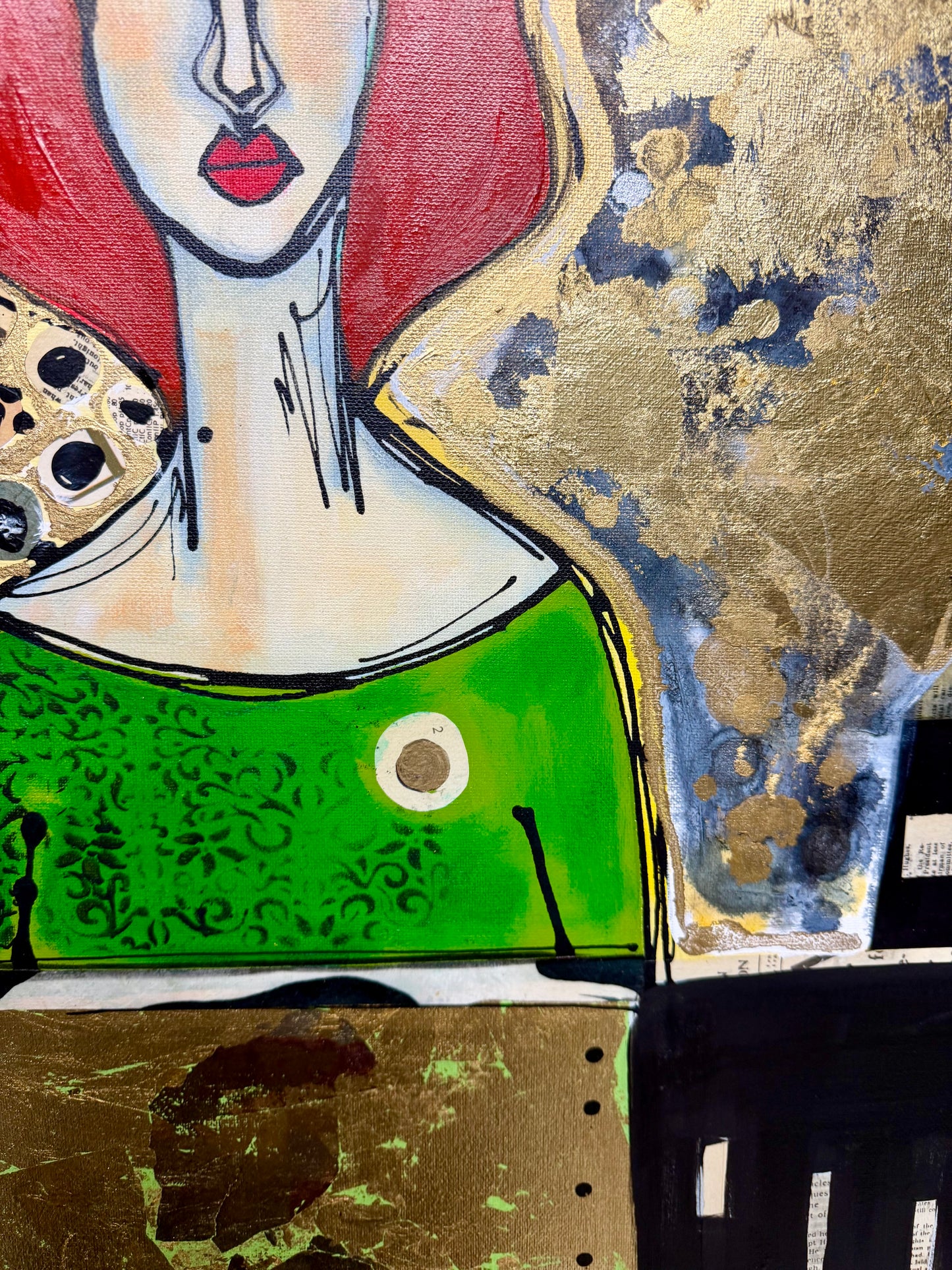 Original, signed painting-24x36” collaged edge canvas: Abstract portrait w/ mixed media
