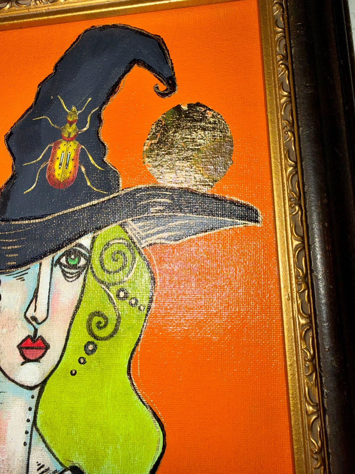 Original,signed mini Witch painting on canvas board in frame 10x15”