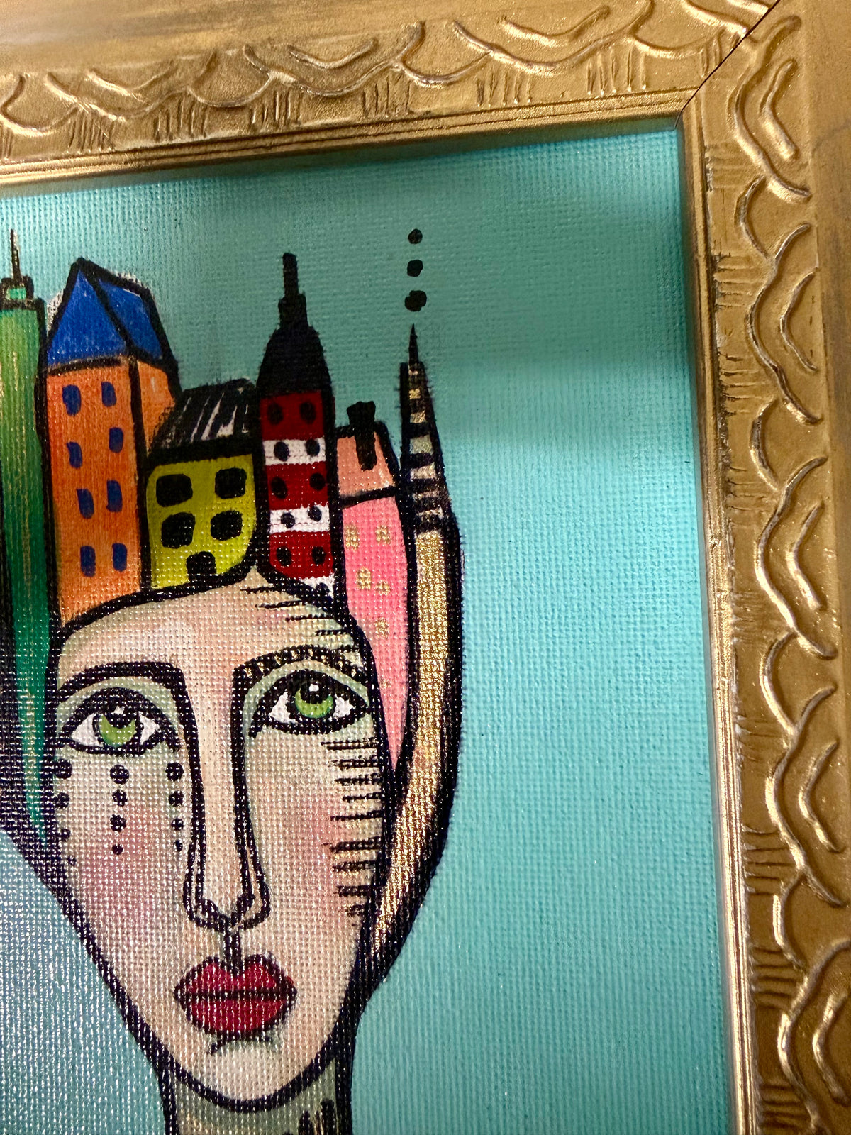 Original,signed painting-mixed media portrait on canvas in gold frame 10x12