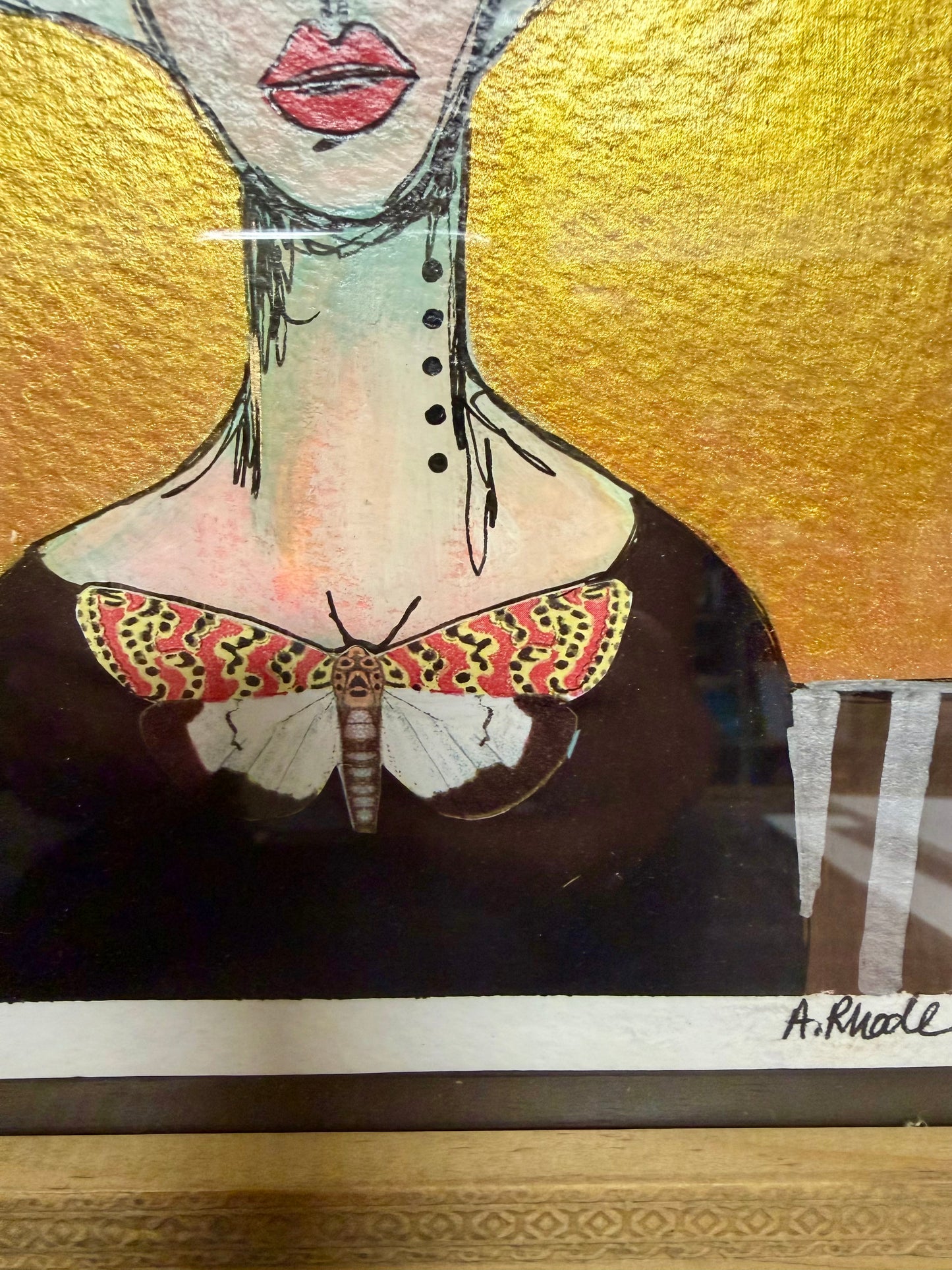 Original,signed painting/mixed media collage portrait on heavyweight archival paper/board in wood frame 11.5x13.5