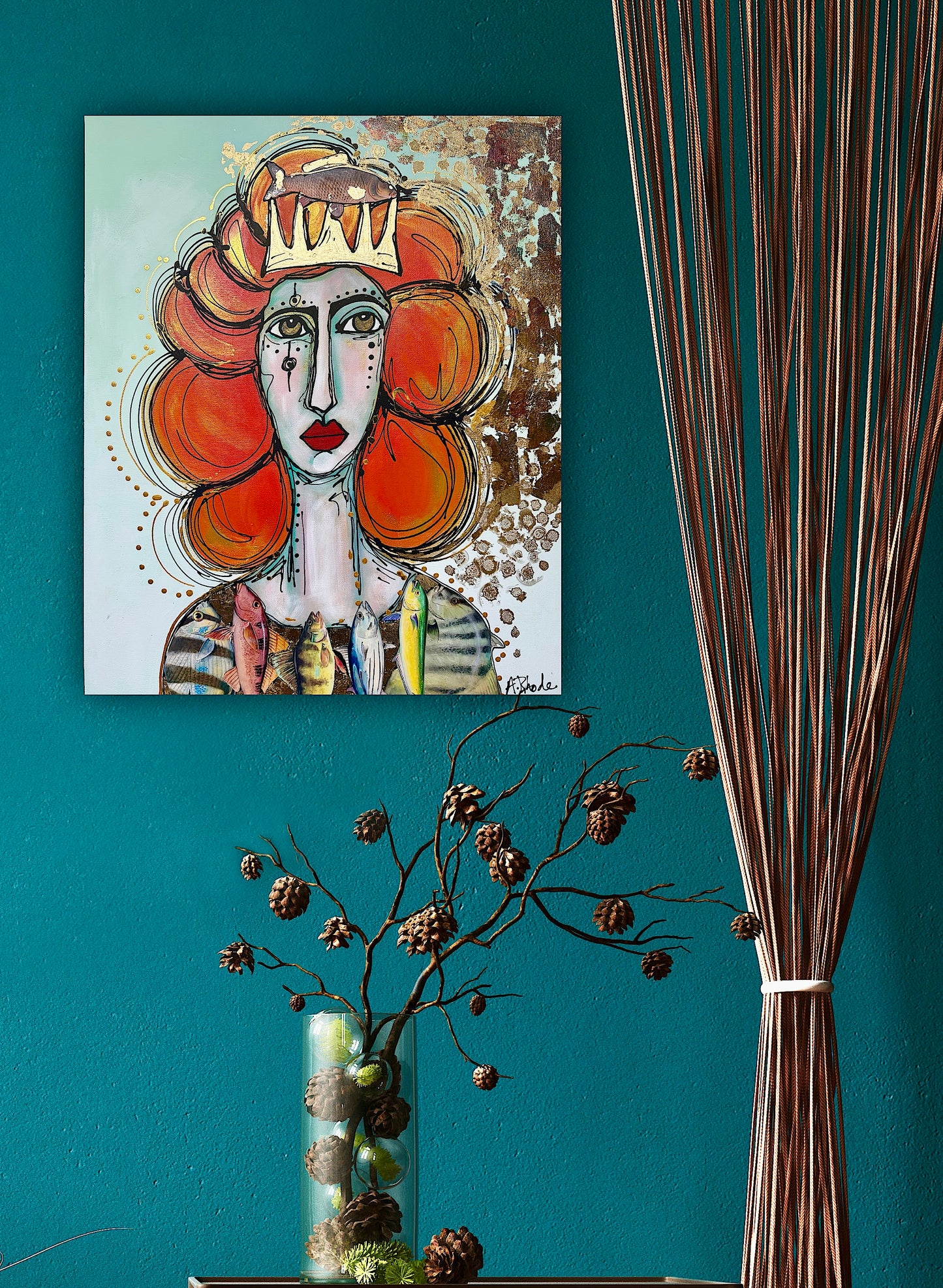 Original, signed painting-20x24”painted, wide edge canvas: “Upstream” Abstract portrait with mixed media collage