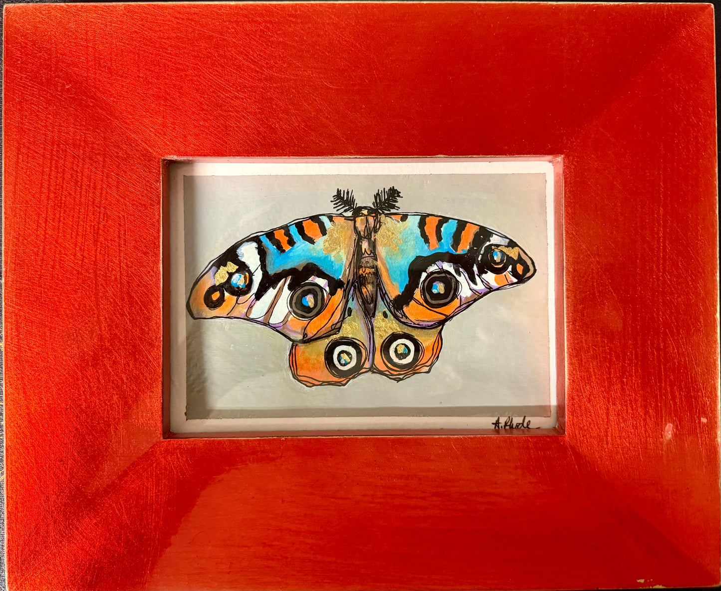 Original,signed painting/mixed media moth on heavyweight archival paper/board in glossy bright copper frame 9.5x11.5”