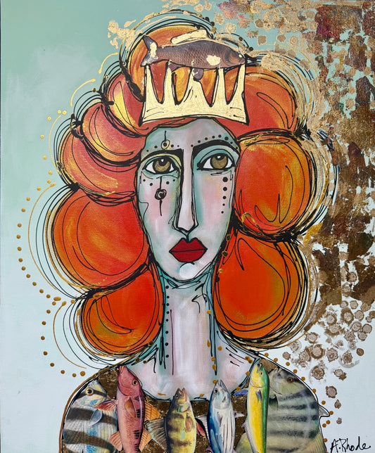 Original, signed painting-20x24”painted, wide edge canvas: “Upstream” Abstract portrait with mixed media collage