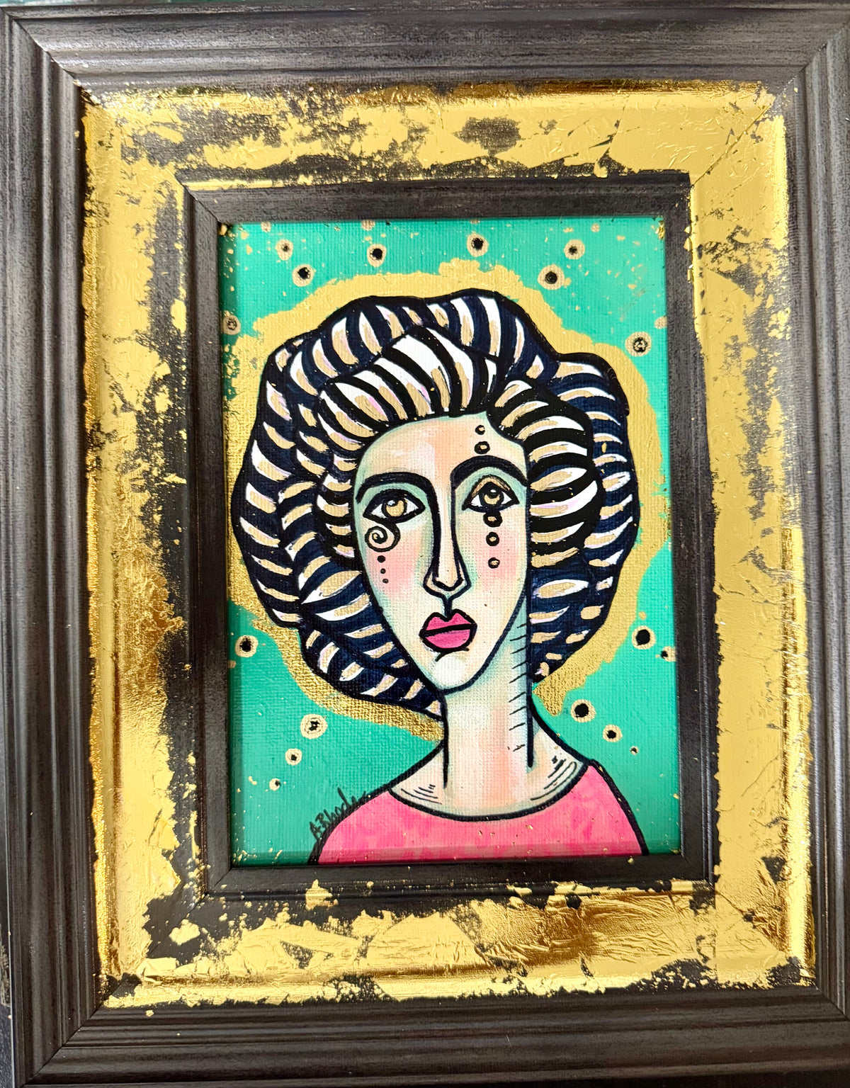 Original,signed painting-mixed media portrait on canvas in gold frame 9x11