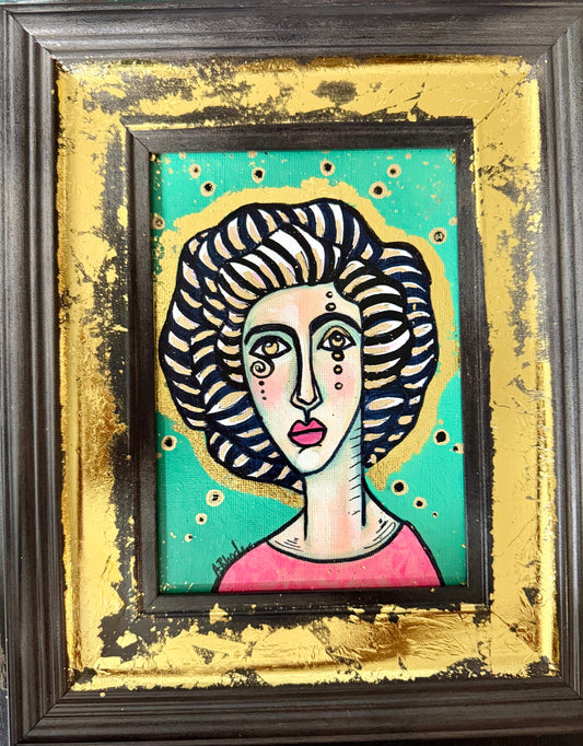 Original,signed painting-mixed media portrait on canvas in gold frame 9x11