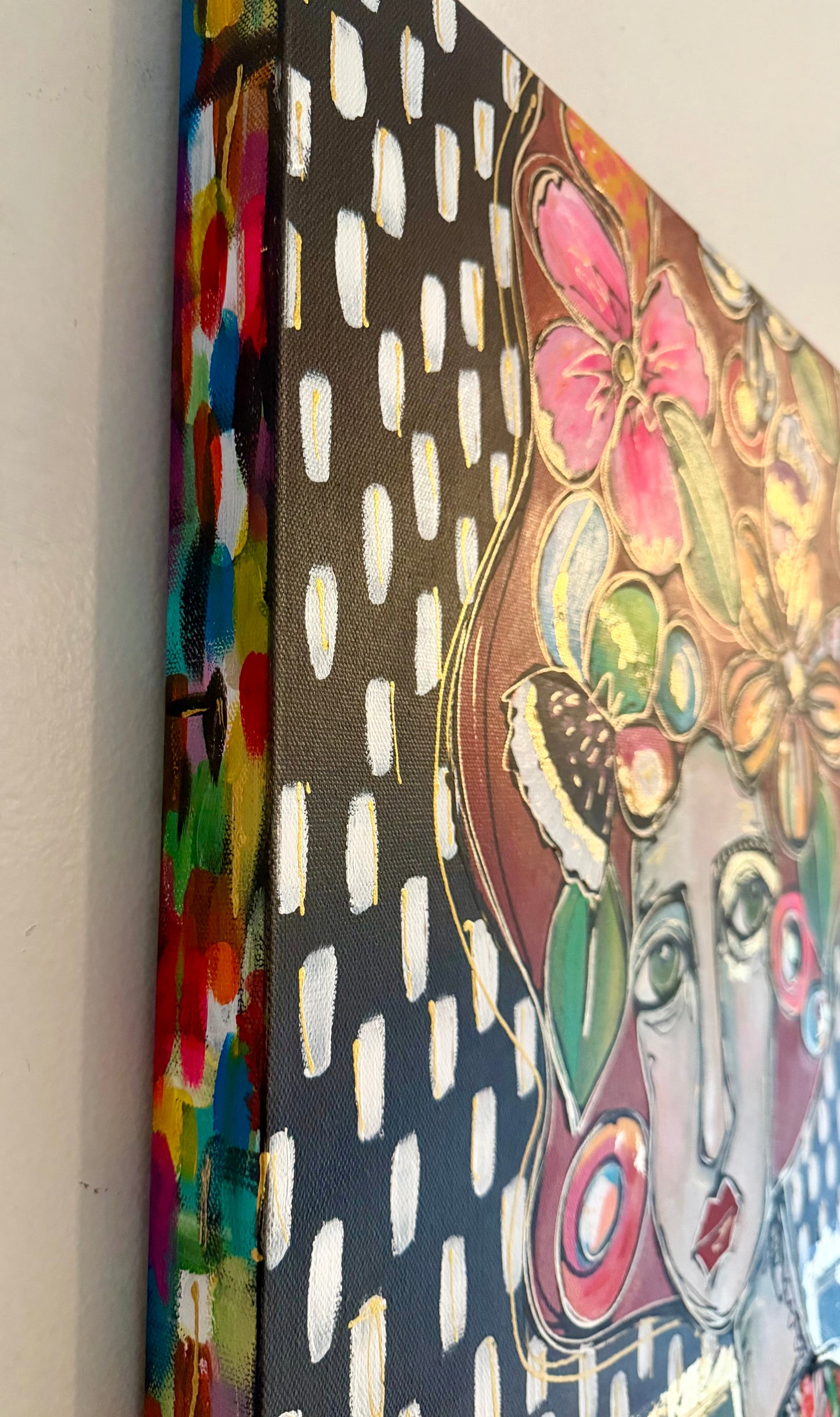 Original, signed painting-18x24”painted, wide edge canvas: Abstract portrait with flowers/mixed media.