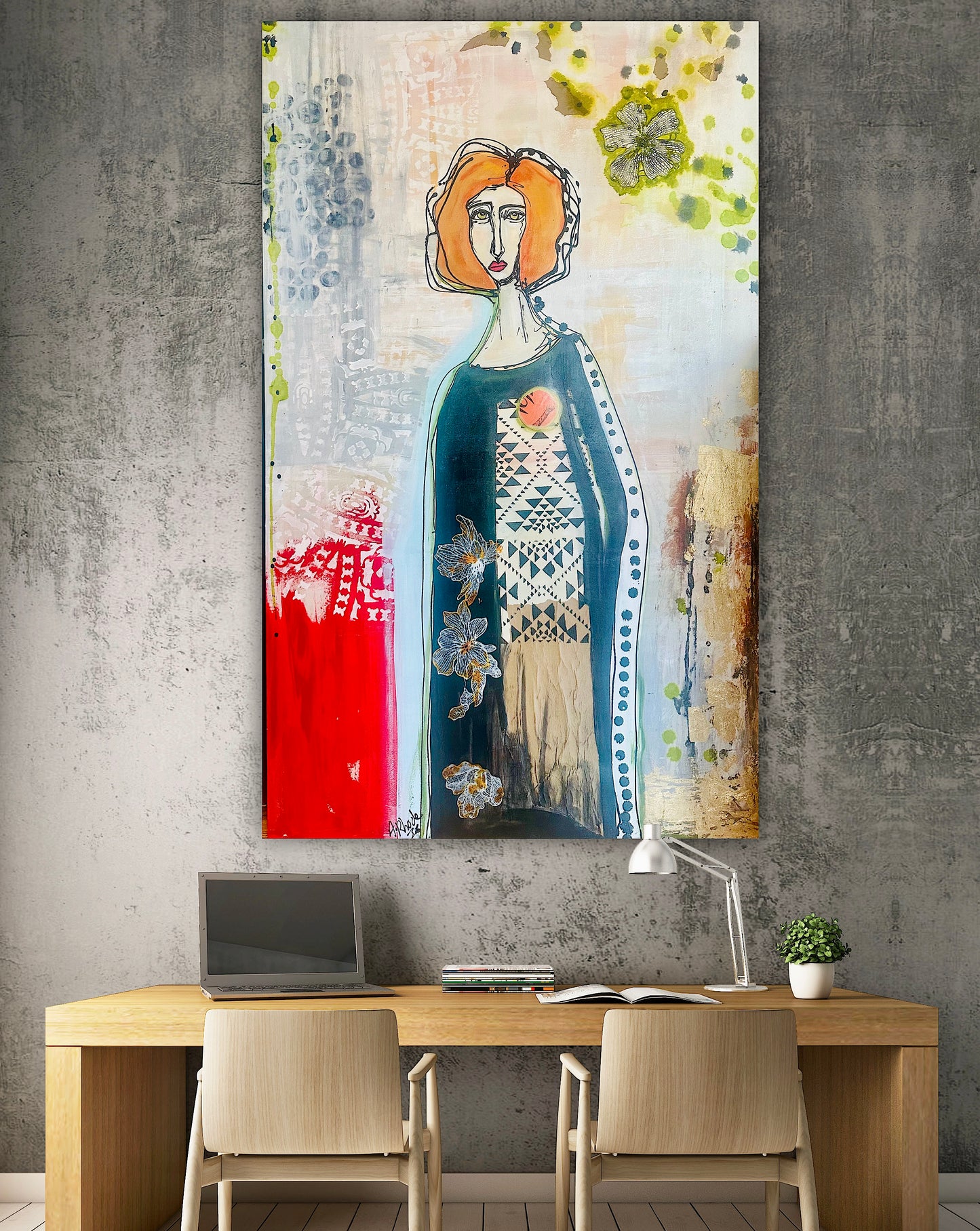 Original, signed painting-36x60” wide edge gallery canvas: Abstract portrait w/ mixed media