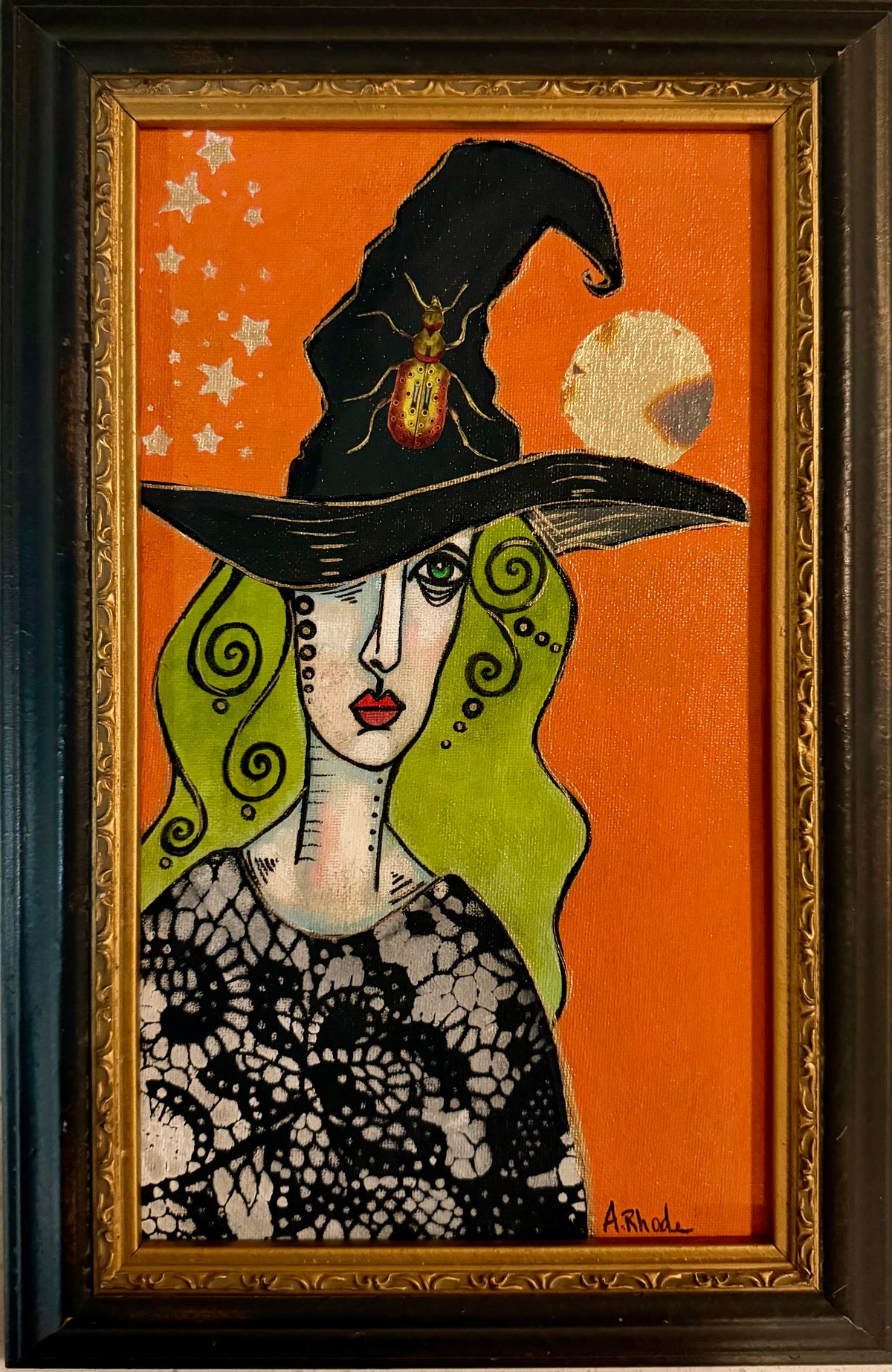Original,signed mini Witch painting on canvas board in frame 10x15”