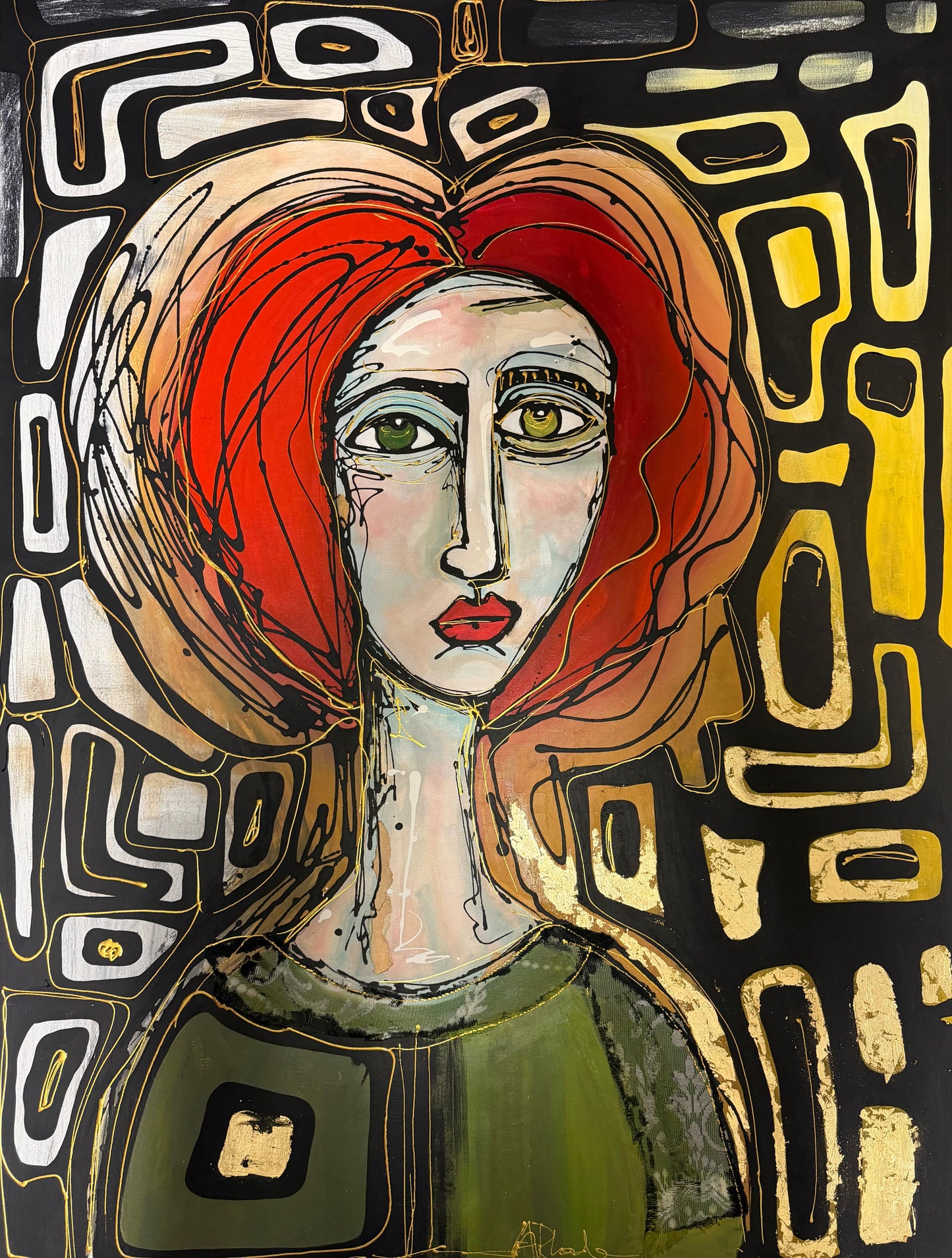 Original, signed painting-36x48” painted edge canvas: Abstract portrait with mixed media