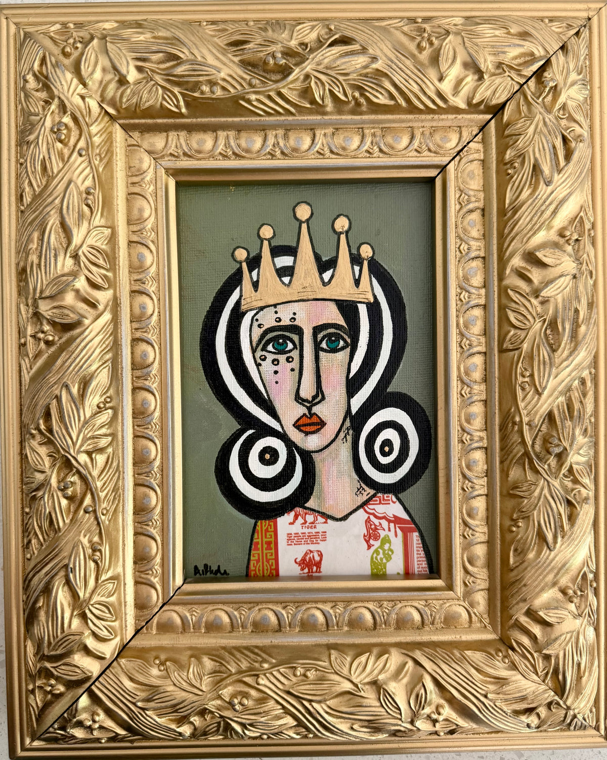 Original,signed painting-mixed media portrait on canvas in gold frame 9x11