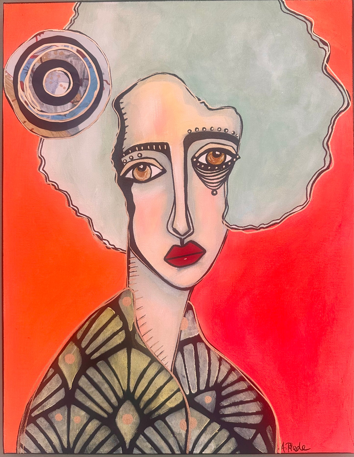 Original, signed painting on painted edge canvas  Abstract portrait w/mixed media 14x18