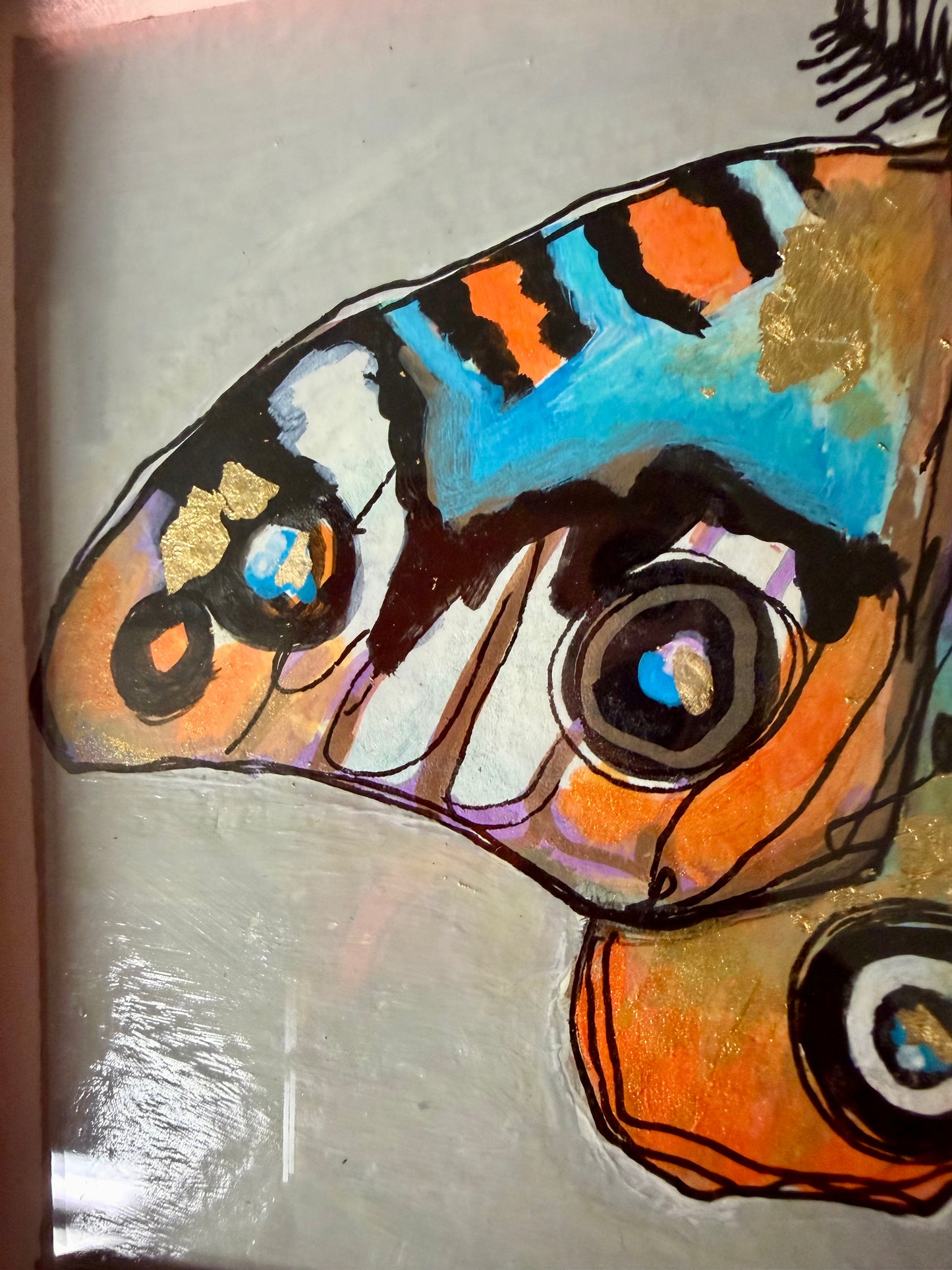 Original,signed painting/mixed media moth on heavyweight archival paper/board in glossy bright copper frame 9.5x11.5”