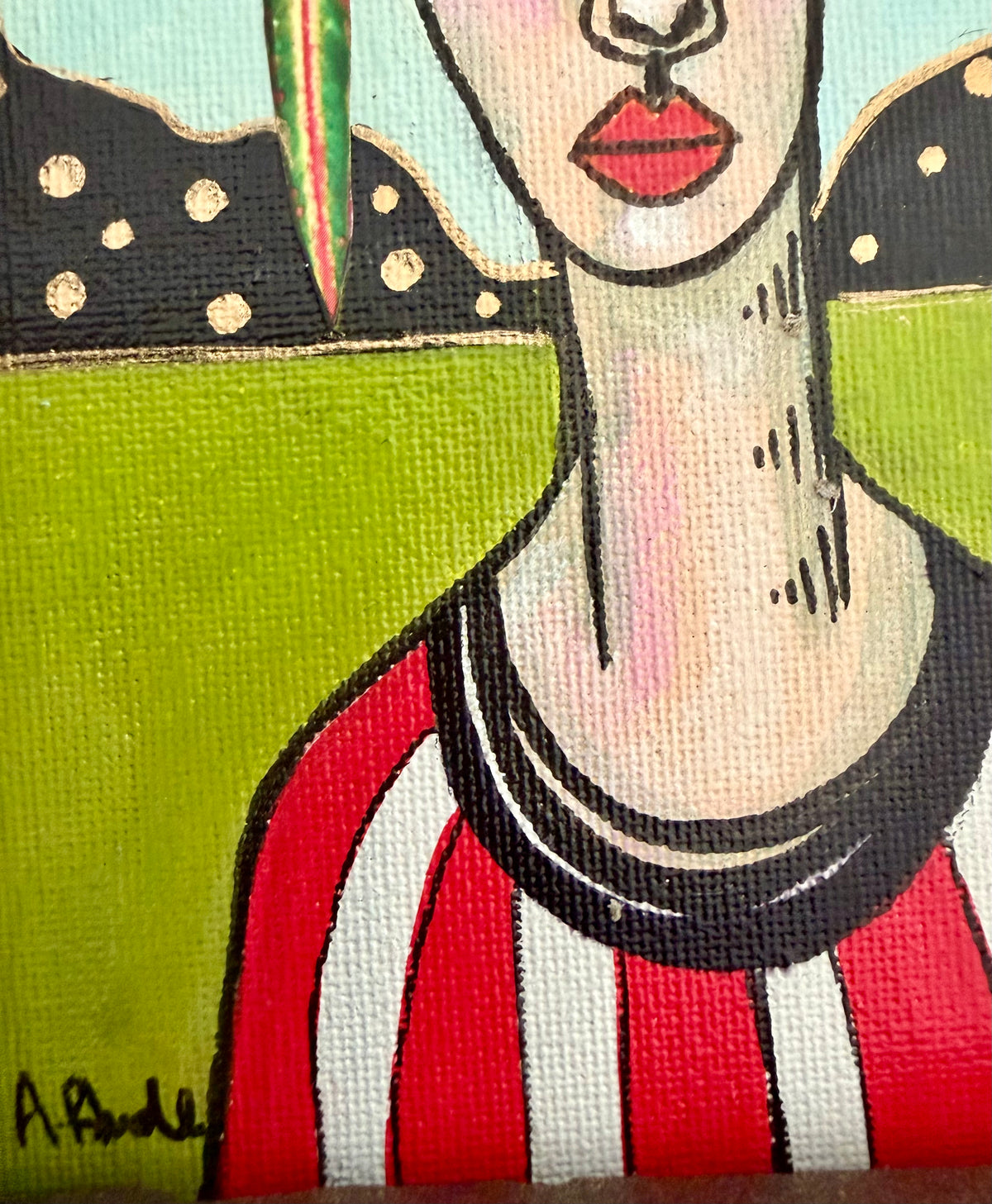 Original,signed painting-mixed media portrait on canvas in gold frame 10x12
