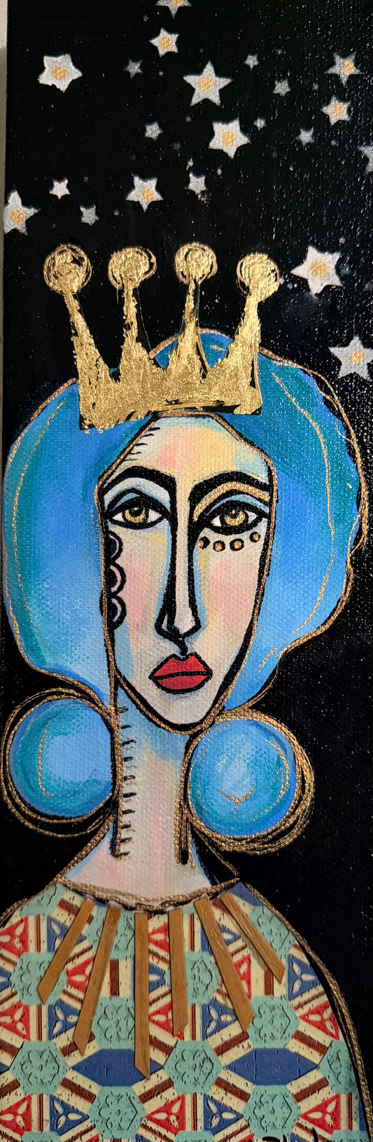 Original, signed mini /slender painting on canvas. Abstract portrait w/mixed media 4x12”