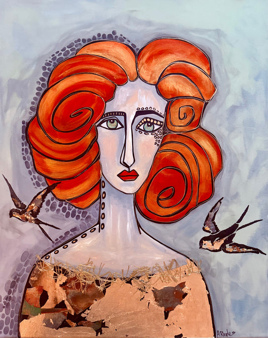 Original, signed painting-24x30” painted edge canvas: Abstract portrait w/ mixed media