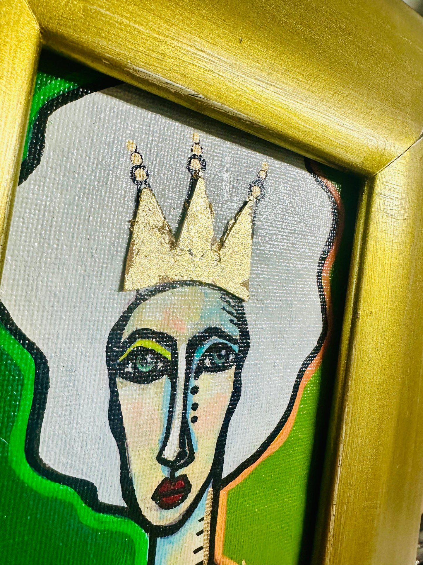 Original mini painting on canvas in gold frame, 9x11” Abstract portrait w/mixed media