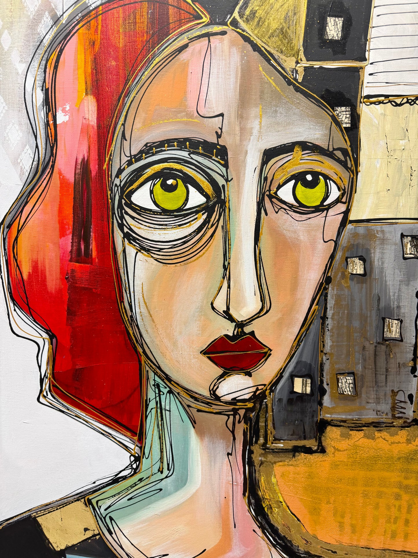 36x48 Original signed painting-wide gallery edge canvas Abstract portrait, acrylic w/mixed media collage & painted edge
