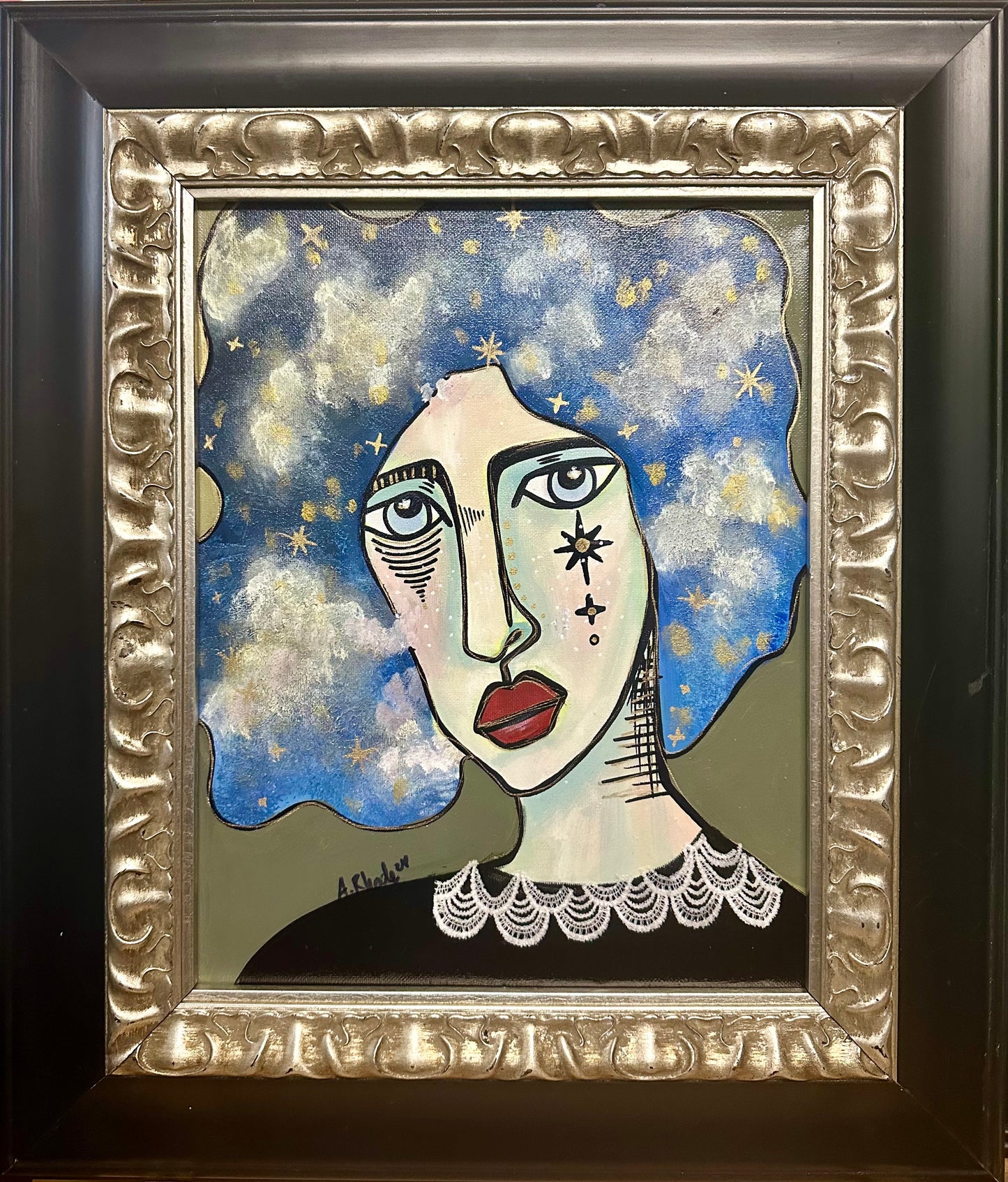 Original painting & mixed media on canvas board in ornate frame 18x21 Abstract Portrait