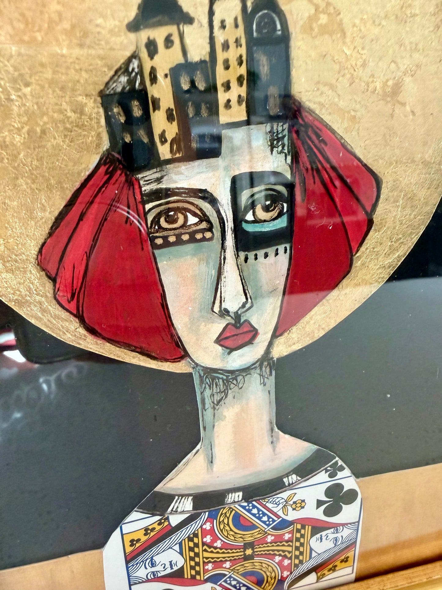 Original,signed painting/mixed media collage portrait on board in gold frame, 10x12”