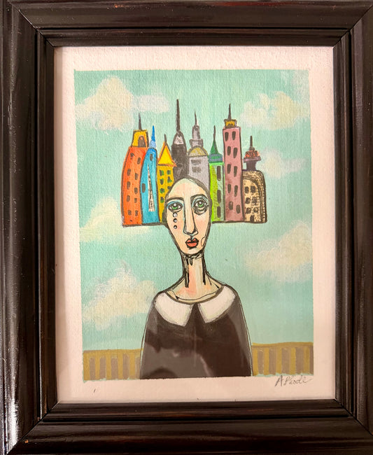 Original,signed painting/mixed media collage portrait on board in black frame, 10x12