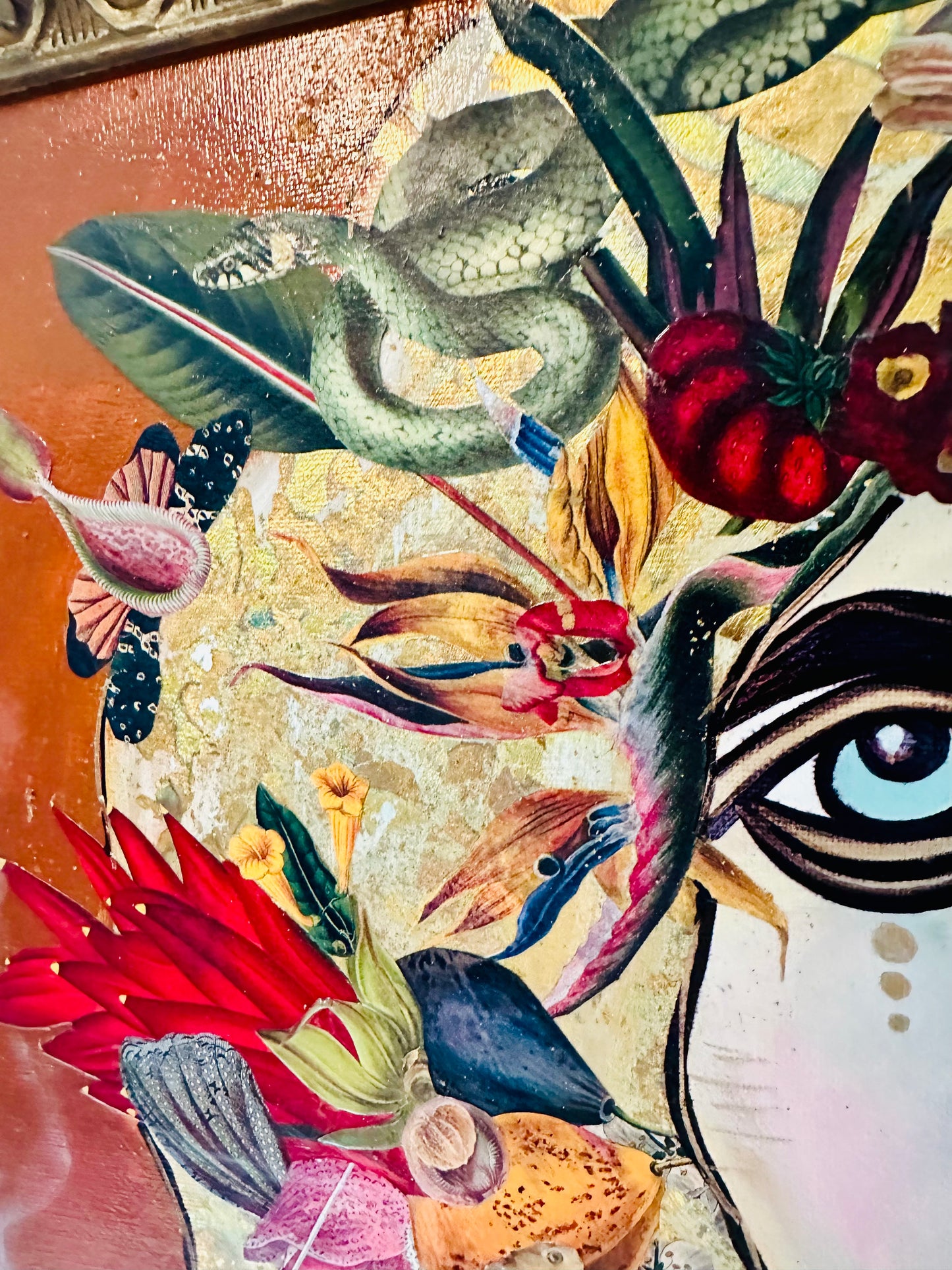 Original painting & mixed media on canvas board in vintage gold resin frame 22x26 Abstract Portrait w/collage-Medusa