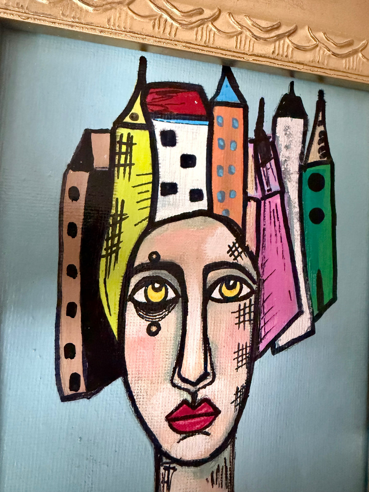 Original,signed painting-mixed media portrait on canvas in gold frame 10x12
