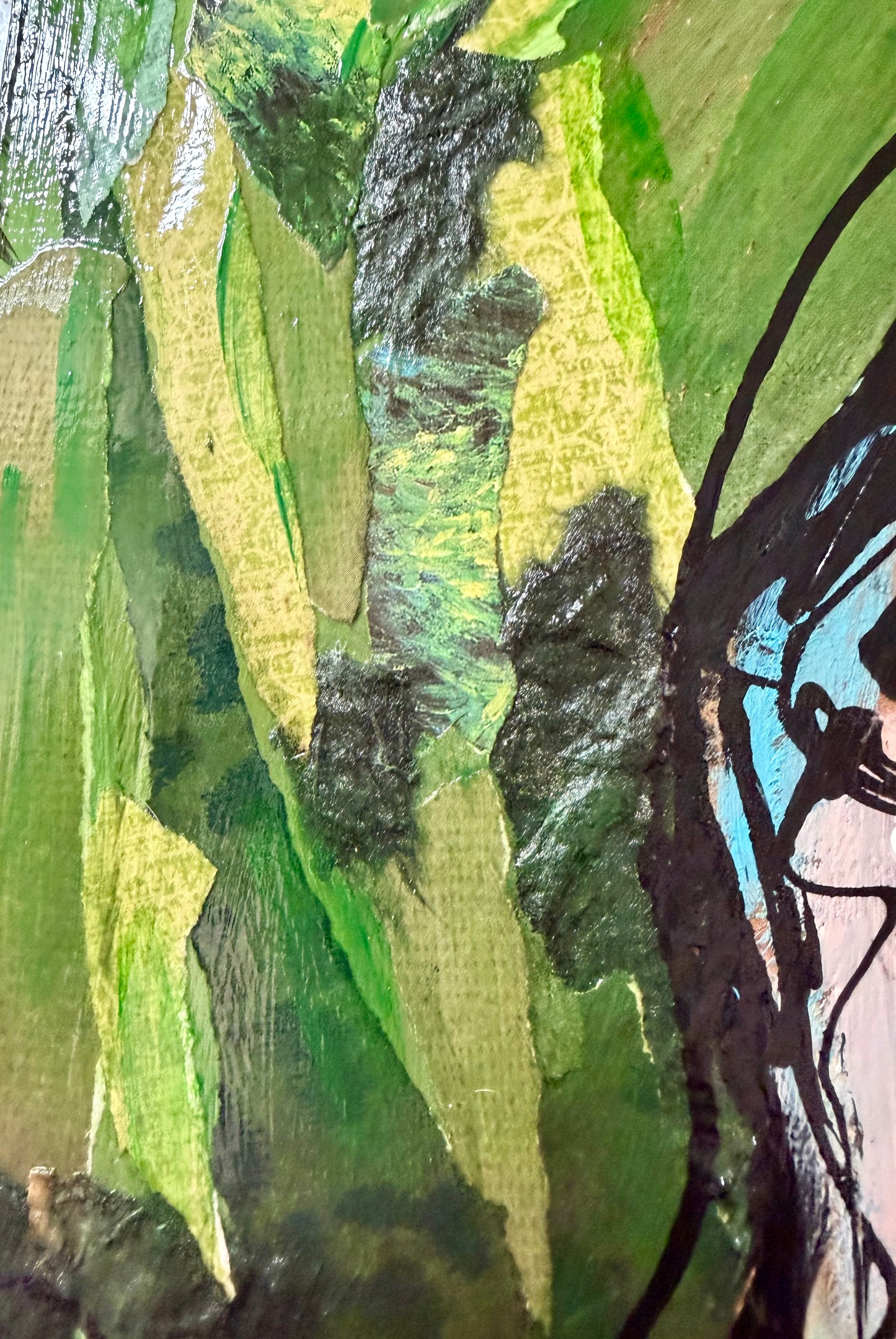 Original, signed mixed media painting/collage on box-framed wood panel. Abstract portrait w/mixed media -11x14”