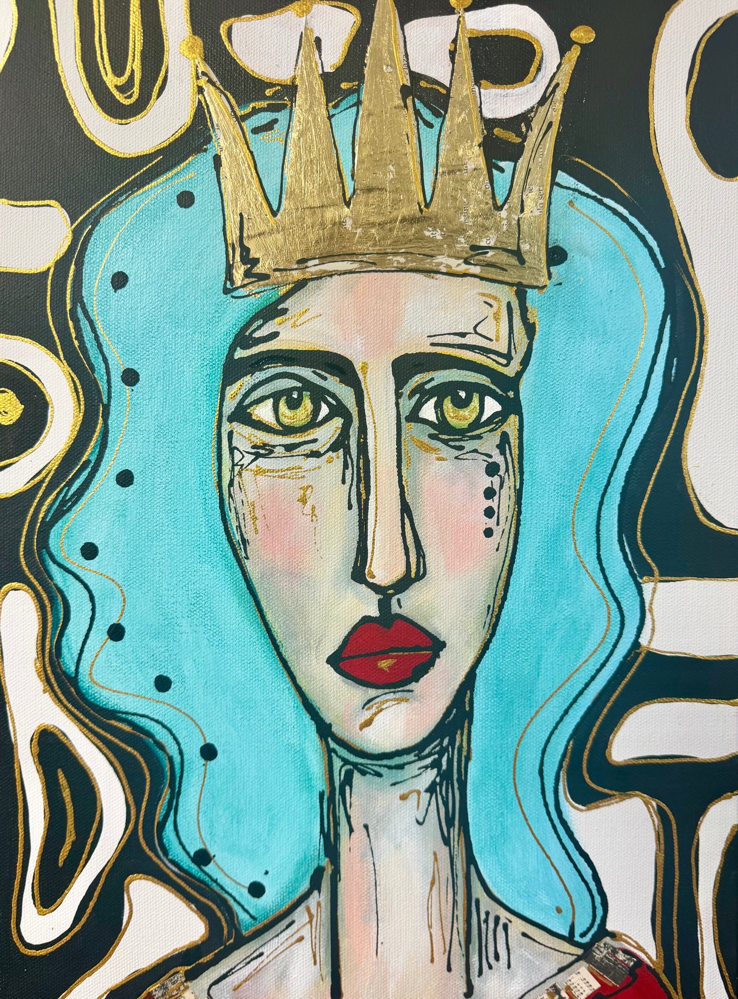 Original, signed painting-12x24” painted edge canvas: Abstract portrait w/ mixed media crown
